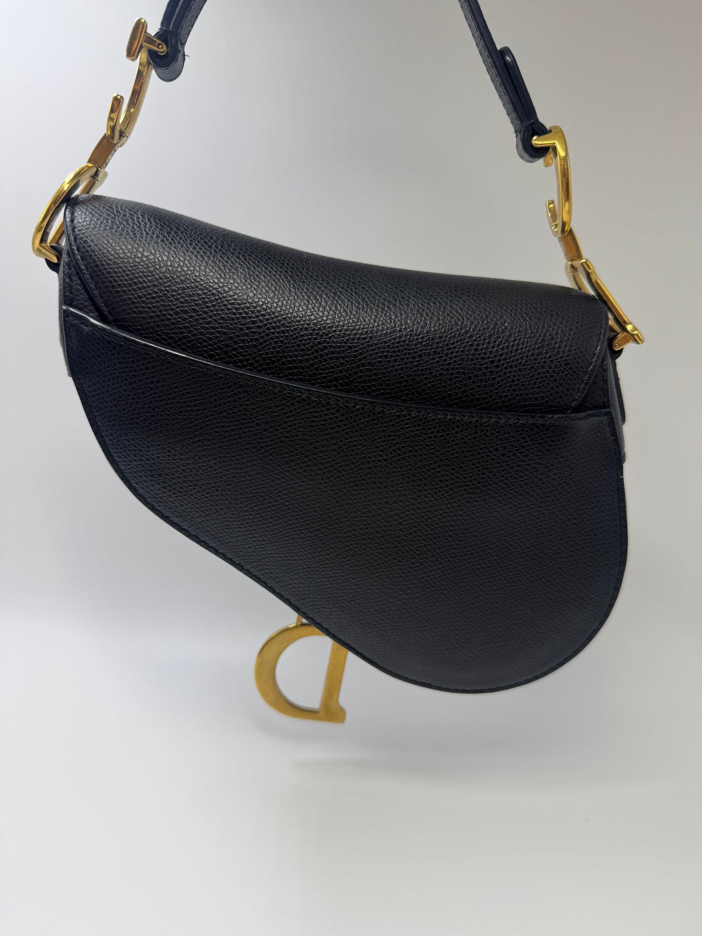 Pre-owned Certified Dior Mini Saddle Black Grained Calfskin with Golden Hardware, set with Canvas Strap, 2018, w/ dust bag, strap