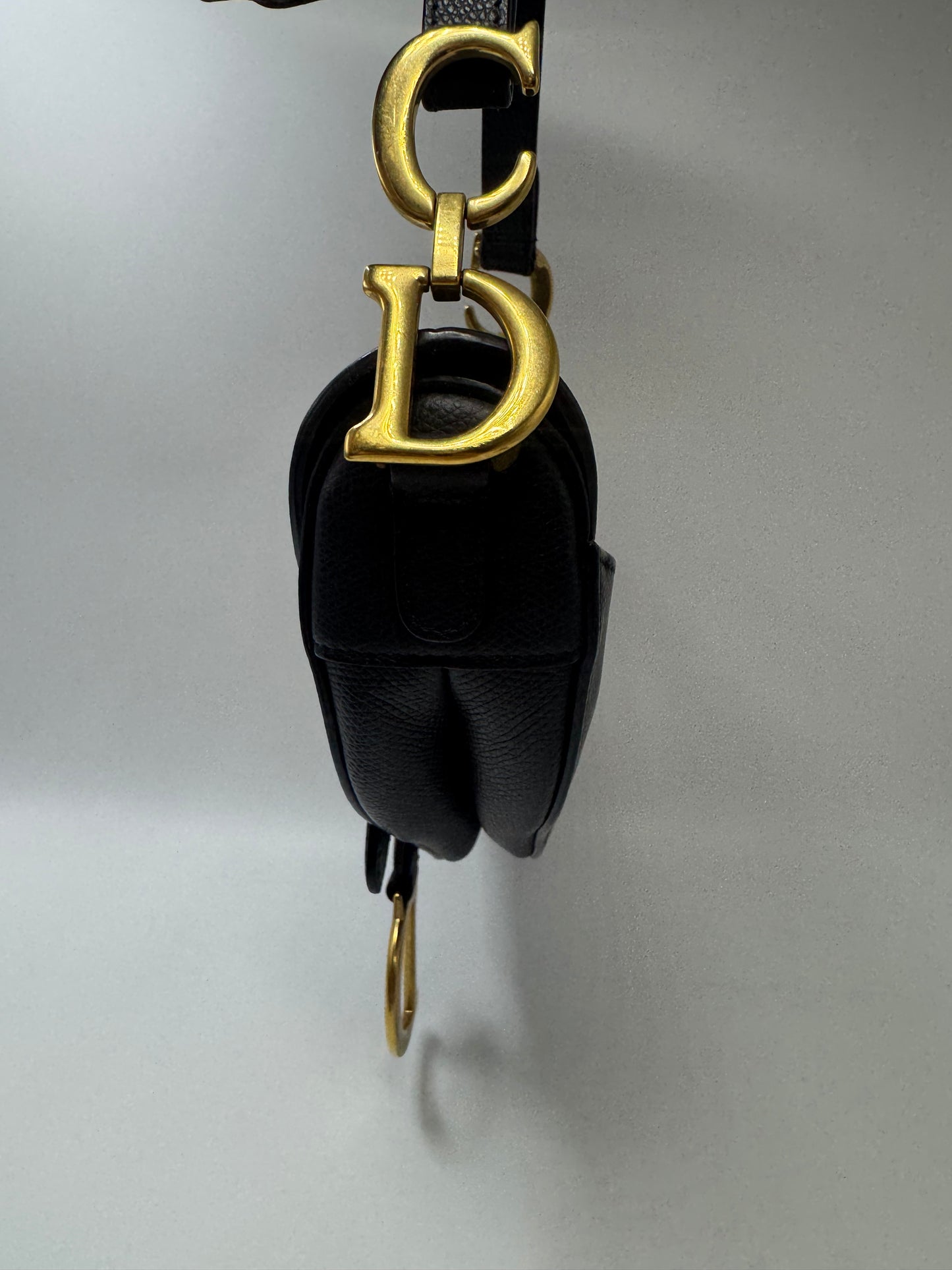 Pre-owned Certified Dior Mini Saddle Black Grained Calfskin with Golden Hardware, set with Canvas Strap, 2018, w/ dust bag, strap
