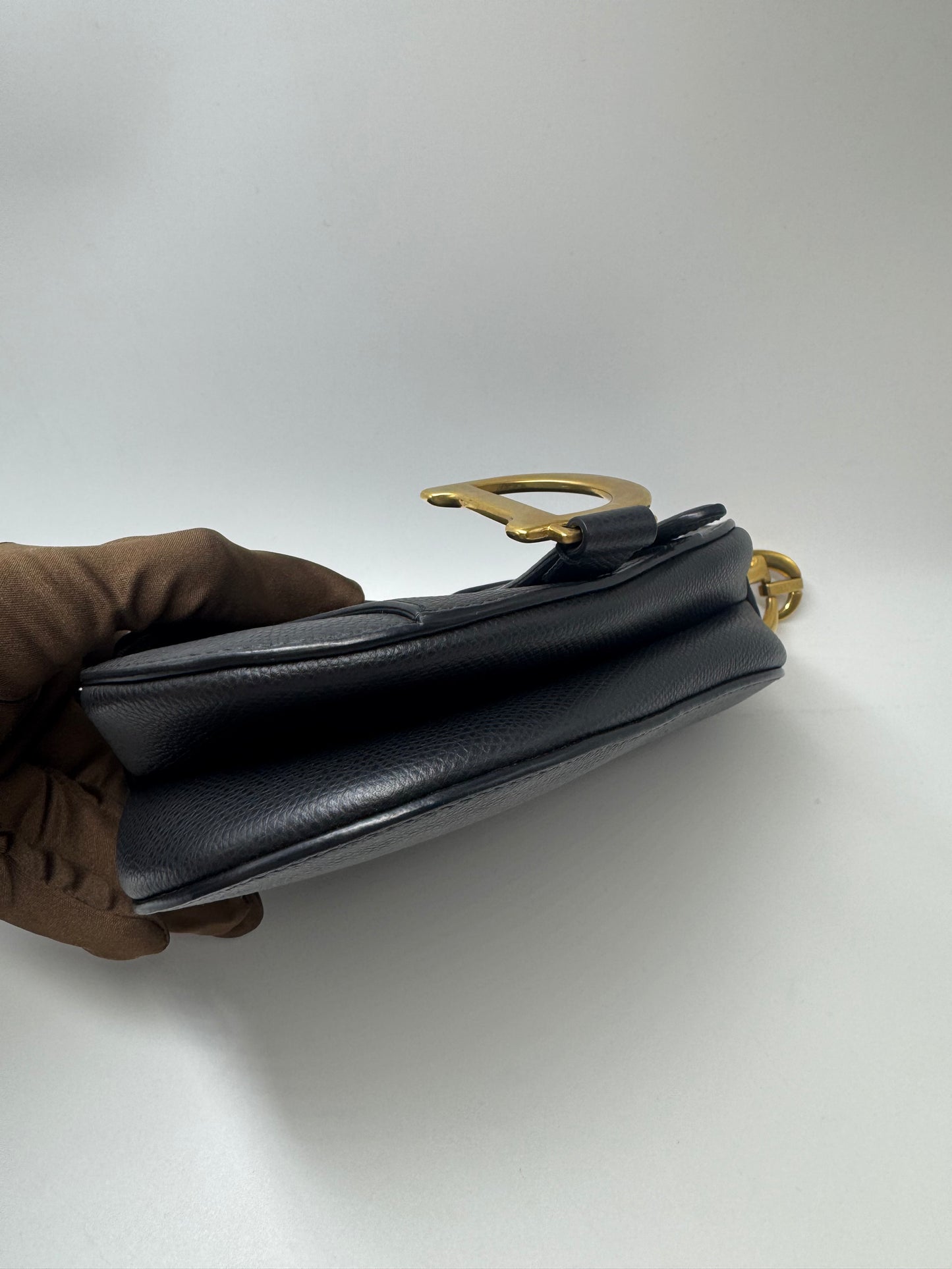 Pre-owned Certified Dior Mini Saddle Black Grained Calfskin with Golden Hardware, set with Canvas Strap, 2018, w/ dust bag, strap