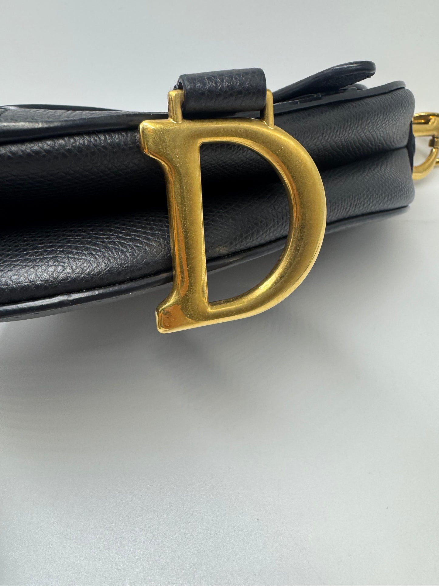 Pre-owned Certified Dior Mini Saddle Black Grained Calfskin with Golden Hardware, set with Canvas Strap, 2018, w/ dust bag, strap