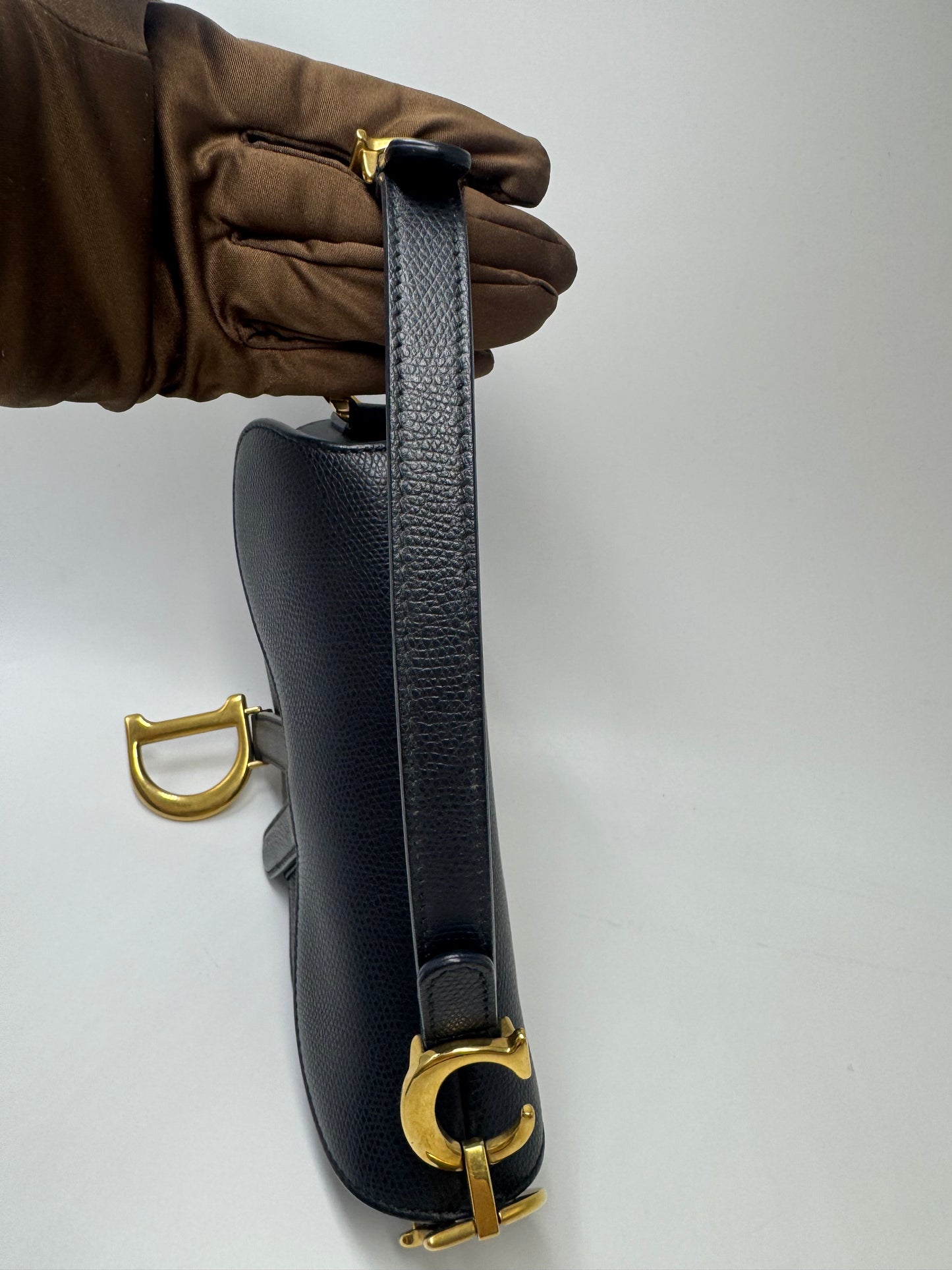 Pre-owned Certified Dior Mini Saddle Black Grained Calfskin with Golden Hardware, set with Canvas Strap, 2018, w/ dust bag, strap
