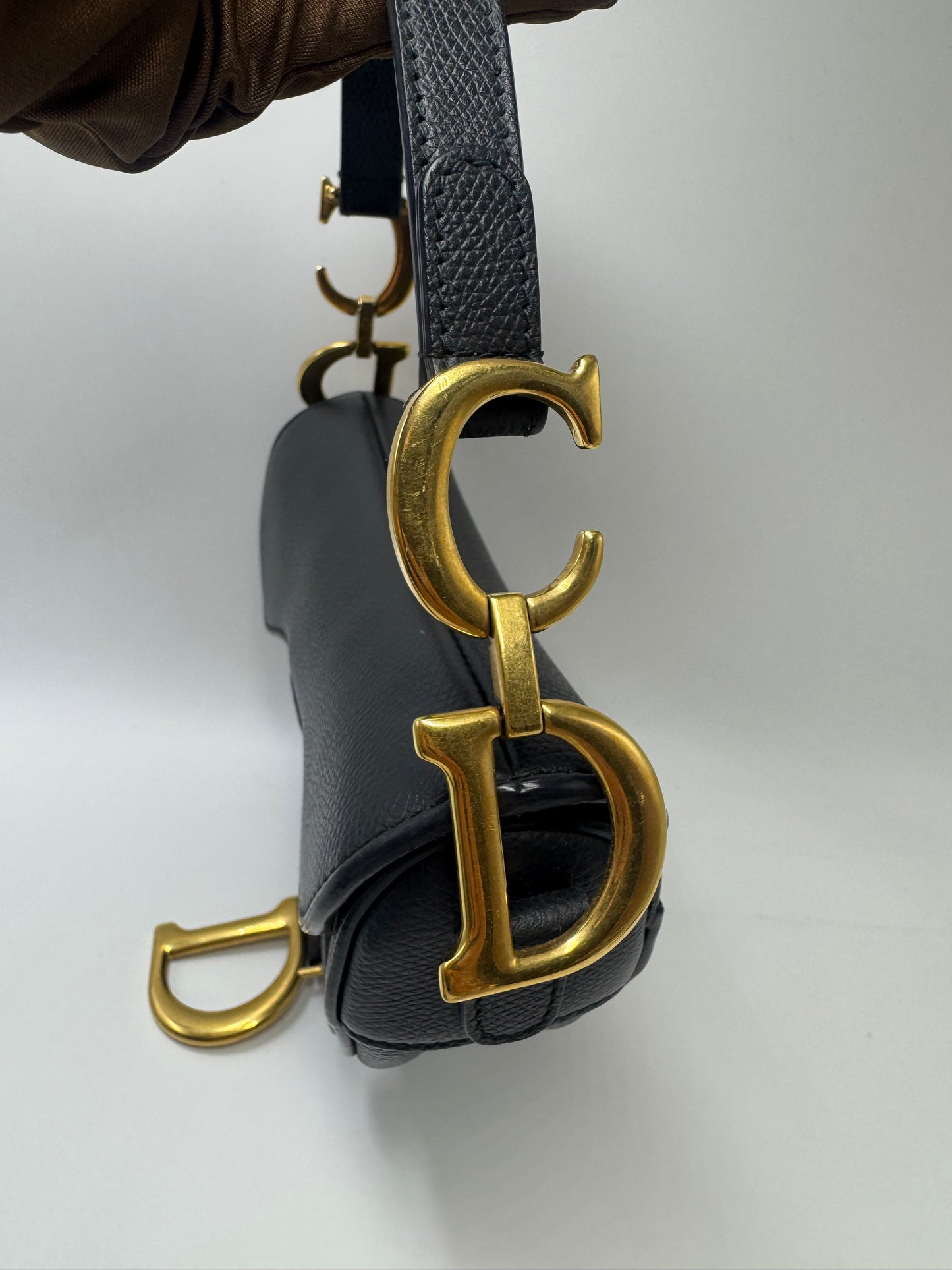 Pre-owned Certified Dior Mini Saddle Black Grained Calfskin with Golden Hardware, set with Canvas Strap, 2018, w/ dust bag, strap