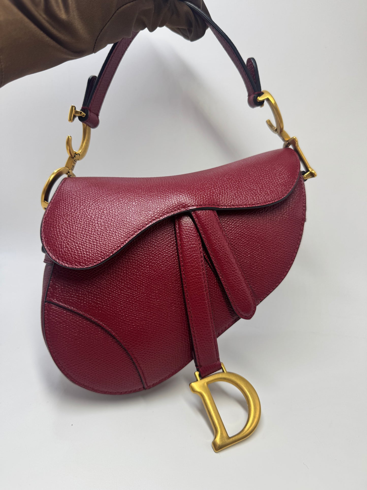 Pre-owned Certified Dior Mini Saddle Burgundy Grained Calfskin with Golden Hardware, set with Canvas Strap, 2019, w/ strap, dust bag