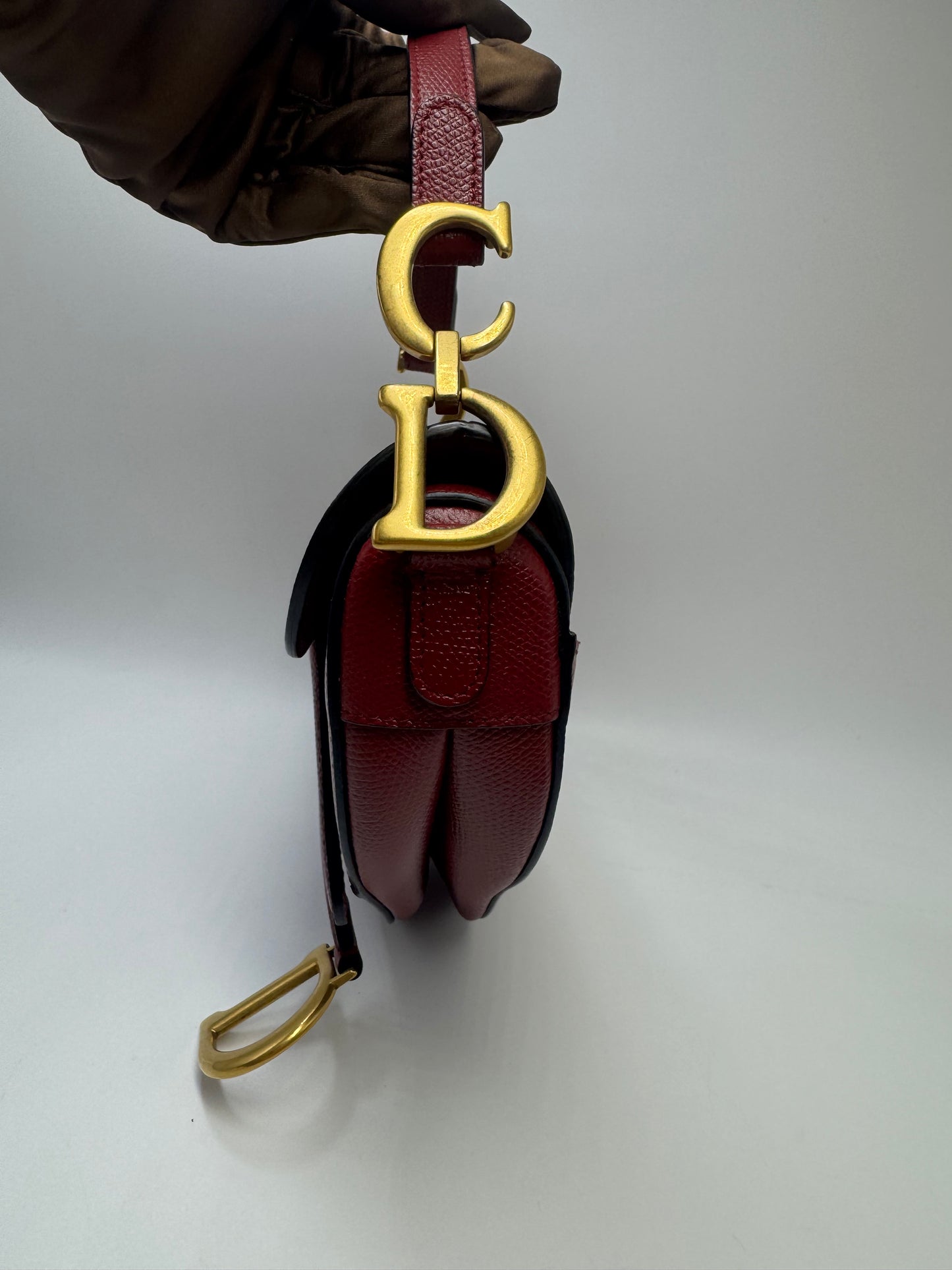 Pre-owned Certified Dior Mini Saddle Burgundy Grained Calfskin with Golden Hardware, set with Canvas Strap, 2019, w/ strap, dust bag