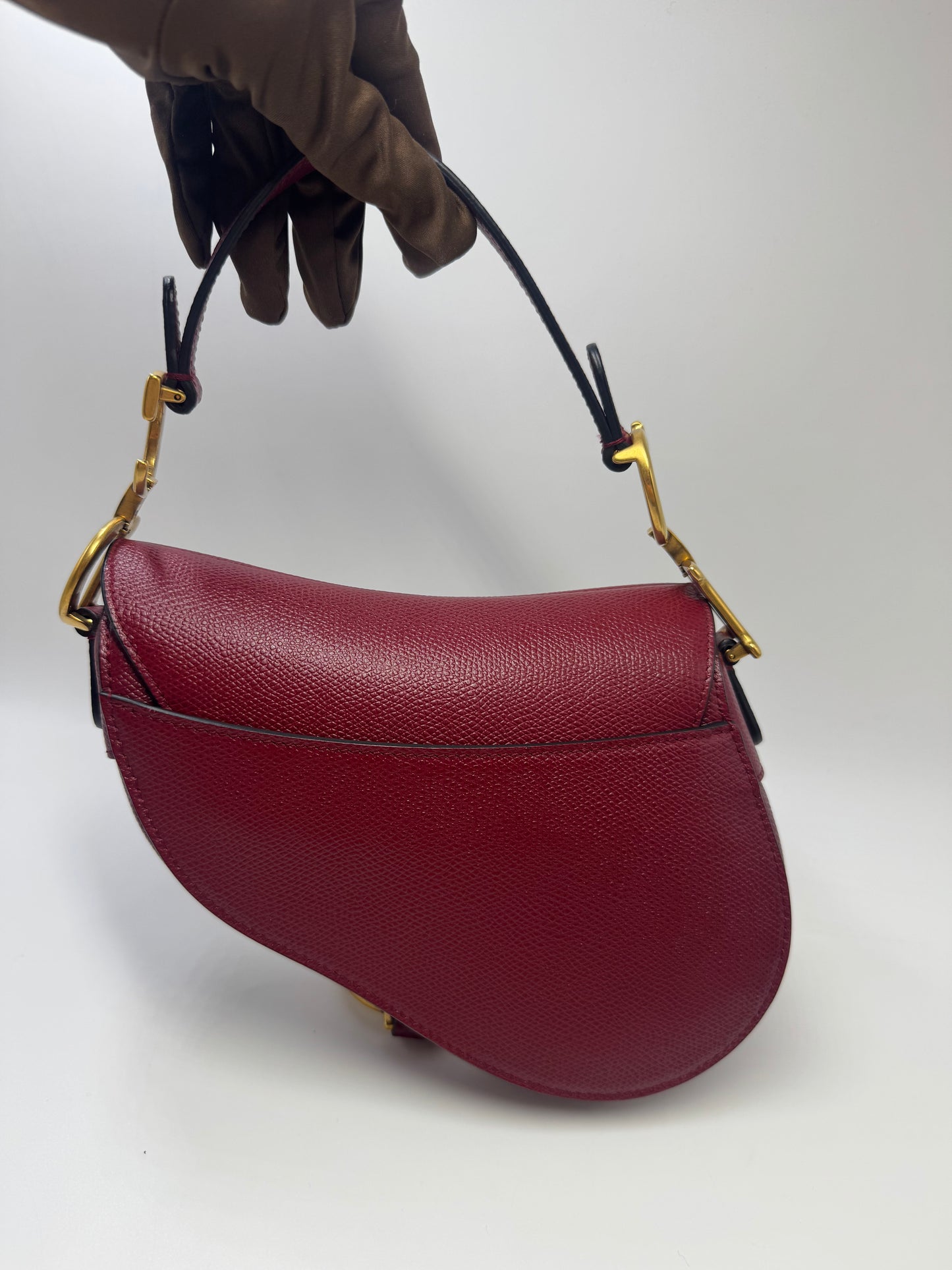 Pre-owned Certified Dior Mini Saddle Burgundy Grained Calfskin with Golden Hardware, set with Canvas Strap, 2019, w/ strap, dust bag