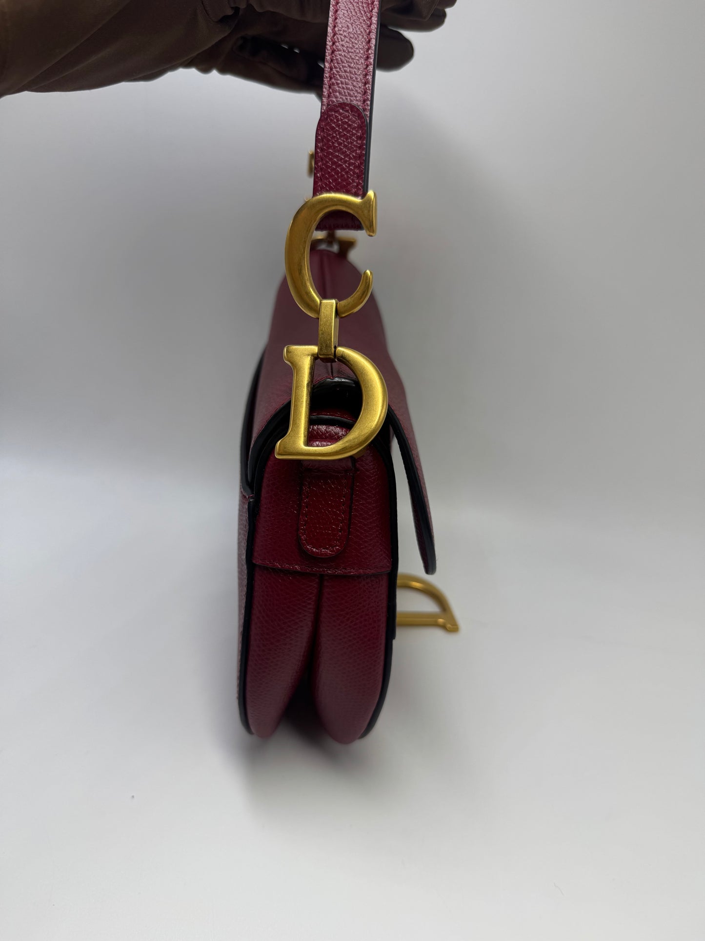 Pre-owned Certified Dior Mini Saddle Burgundy Grained Calfskin with Golden Hardware, set with Canvas Strap, 2019, w/ strap, dust bag