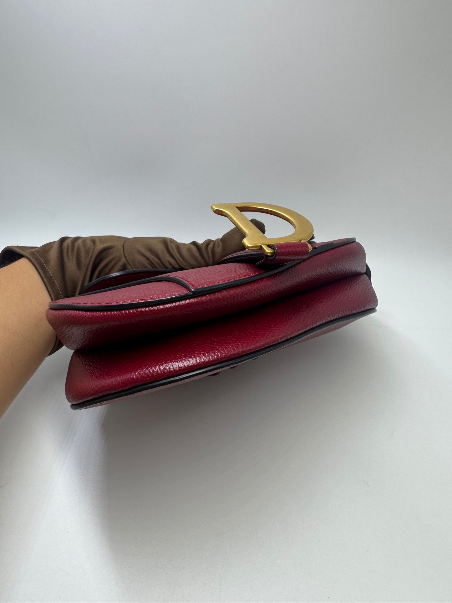 Pre-owned Certified Dior Mini Saddle Burgundy Grained Calfskin with Golden Hardware, set with Canvas Strap, 2019, w/ strap, dust bag