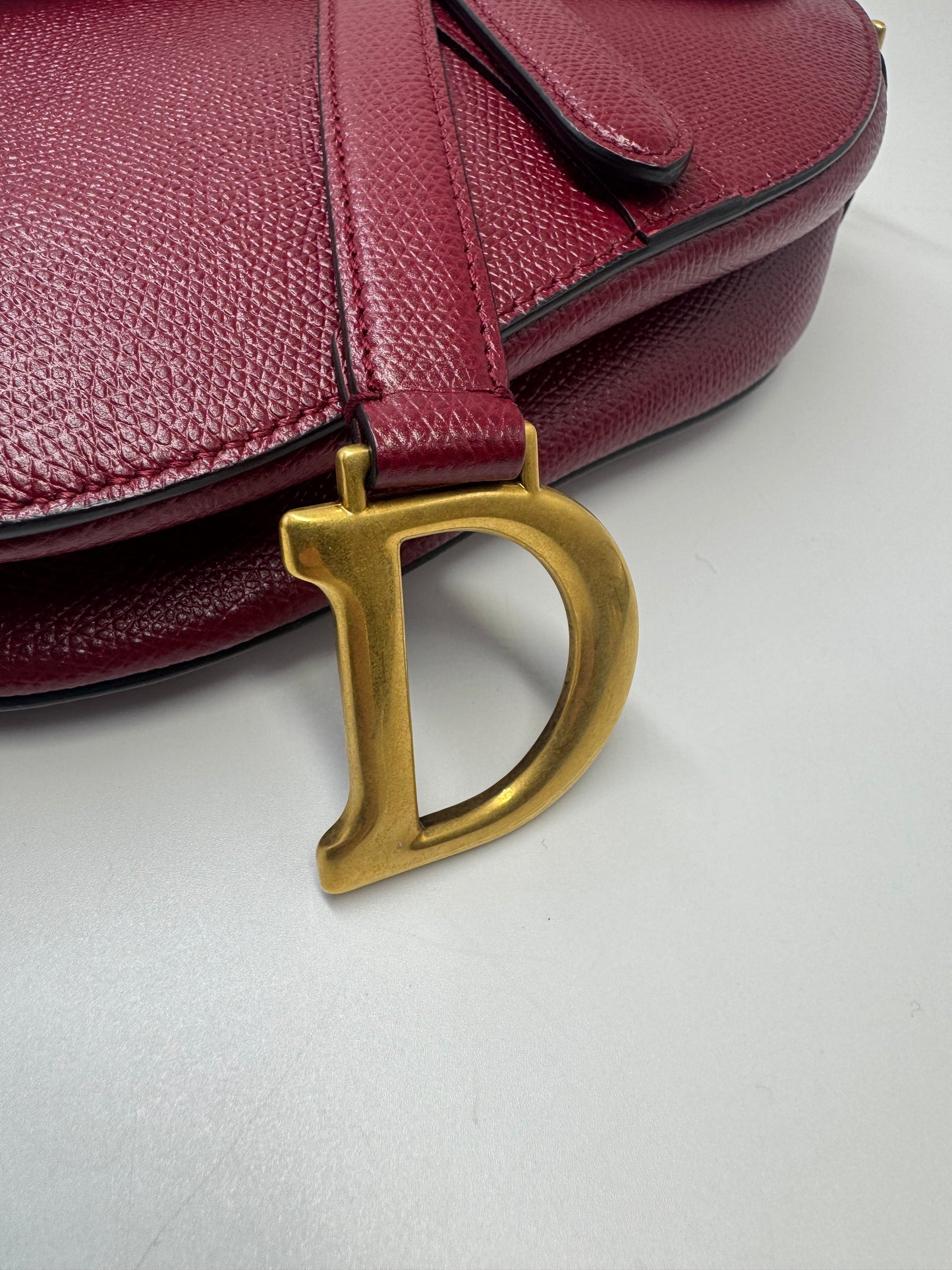 Pre-owned Certified Dior Mini Saddle Burgundy Grained Calfskin with Golden Hardware, set with Canvas Strap, 2019, w/ strap, dust bag