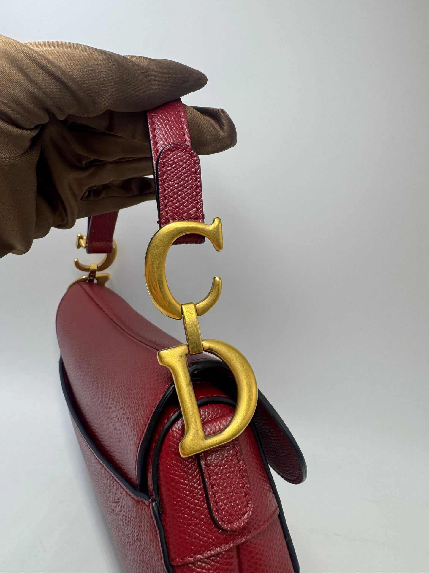 Pre-owned Certified Dior Mini Saddle Burgundy Grained Calfskin with Golden Hardware, set with Canvas Strap, 2019, w/ strap, dust bag