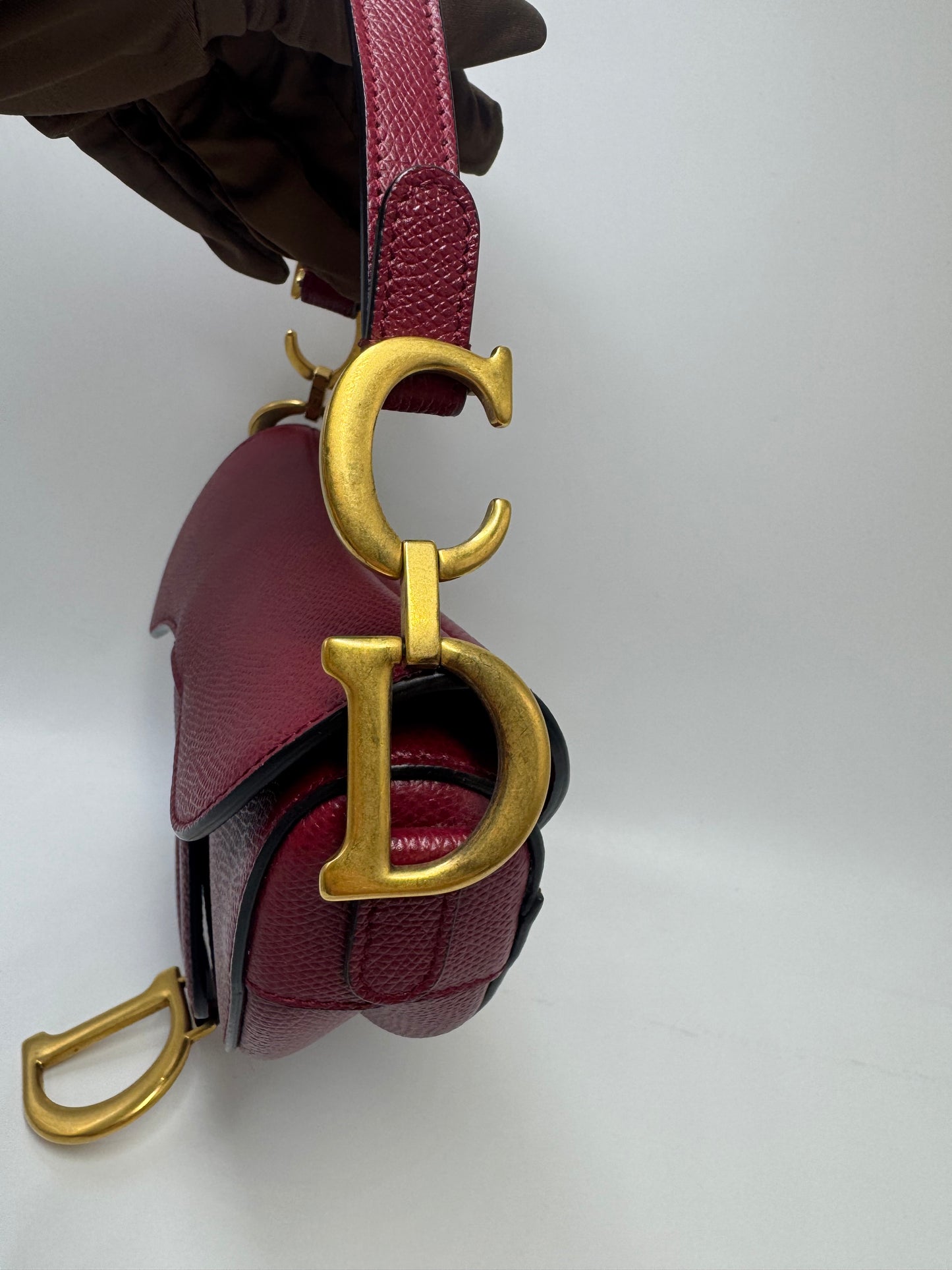 Pre-owned Certified Dior Mini Saddle Burgundy Grained Calfskin with Golden Hardware, set with Canvas Strap, 2019, w/ strap, dust bag