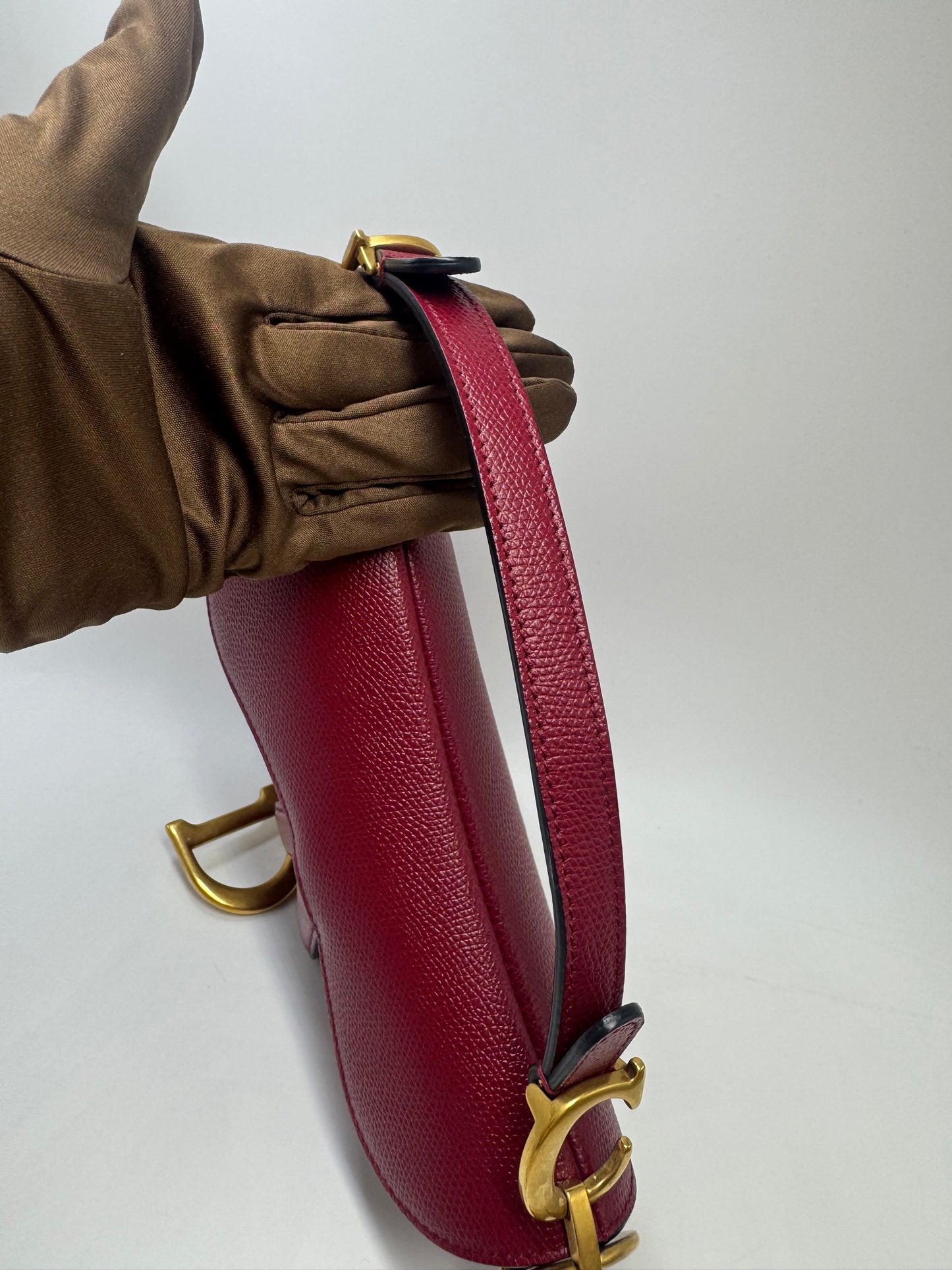 Pre-owned Certified Dior Mini Saddle Burgundy Grained Calfskin with Golden Hardware, set with Canvas Strap, 2019, w/ strap, dust bag