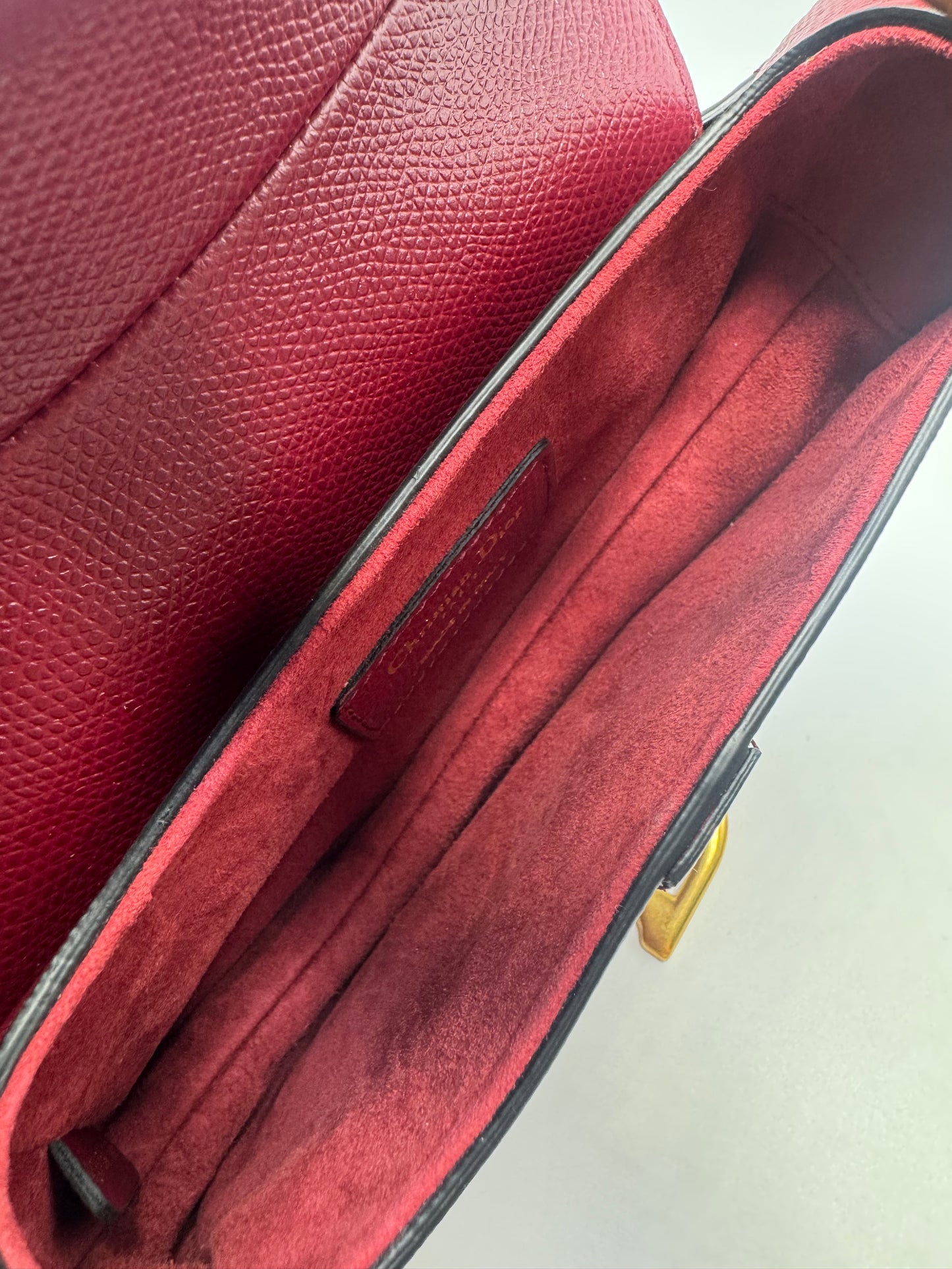 Pre-owned Certified Dior Mini Saddle Burgundy Grained Calfskin with Golden Hardware, set with Canvas Strap, 2019, w/ strap, dust bag