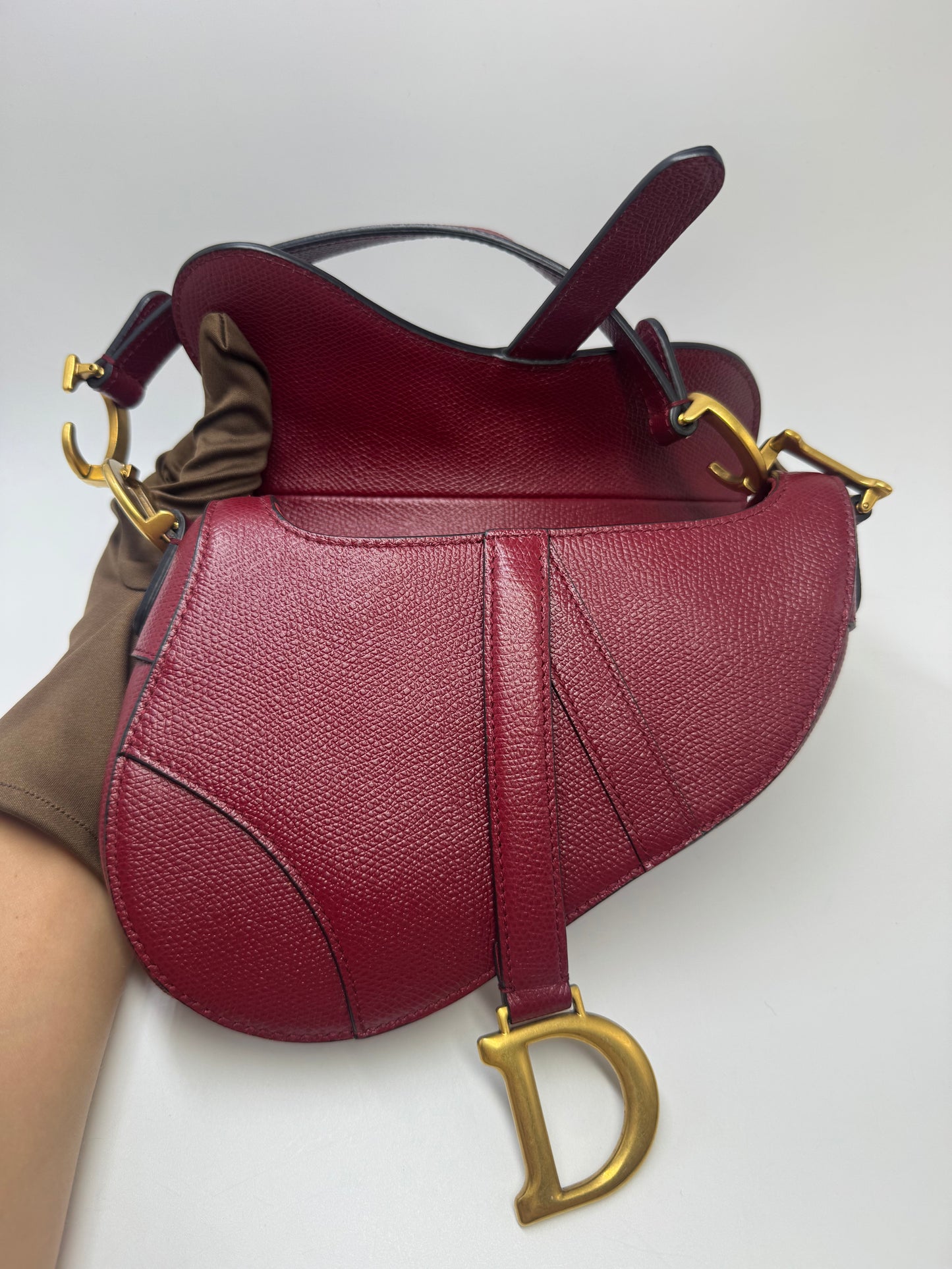 Pre-owned Certified Dior Mini Saddle Burgundy Grained Calfskin with Golden Hardware, set with Canvas Strap, 2019, w/ strap, dust bag