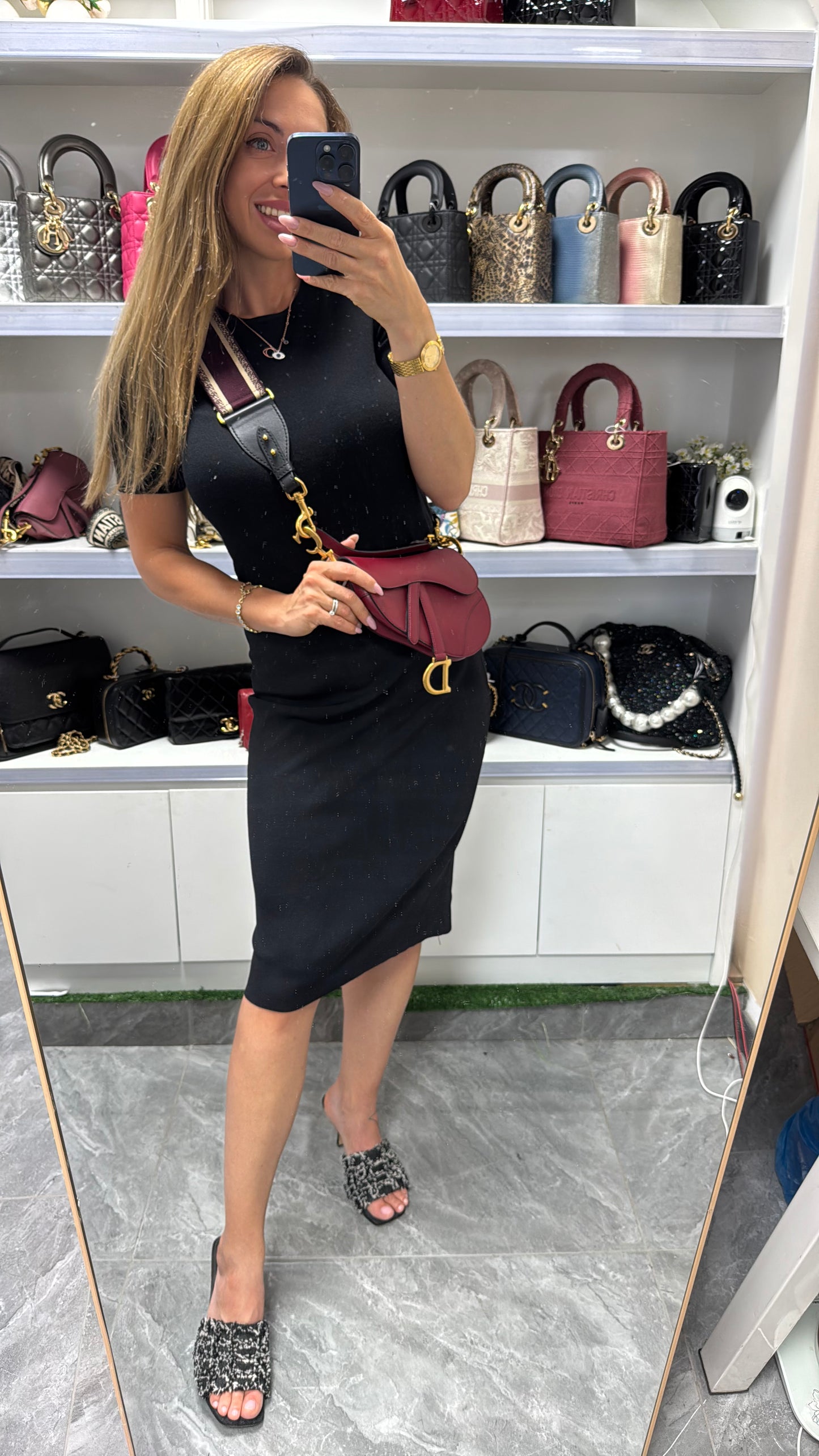 Pre-owned Certified Dior Mini Saddle Burgundy Grained Calfskin with Golden Hardware, set with Canvas Strap, 2019, w/ strap, dust bag