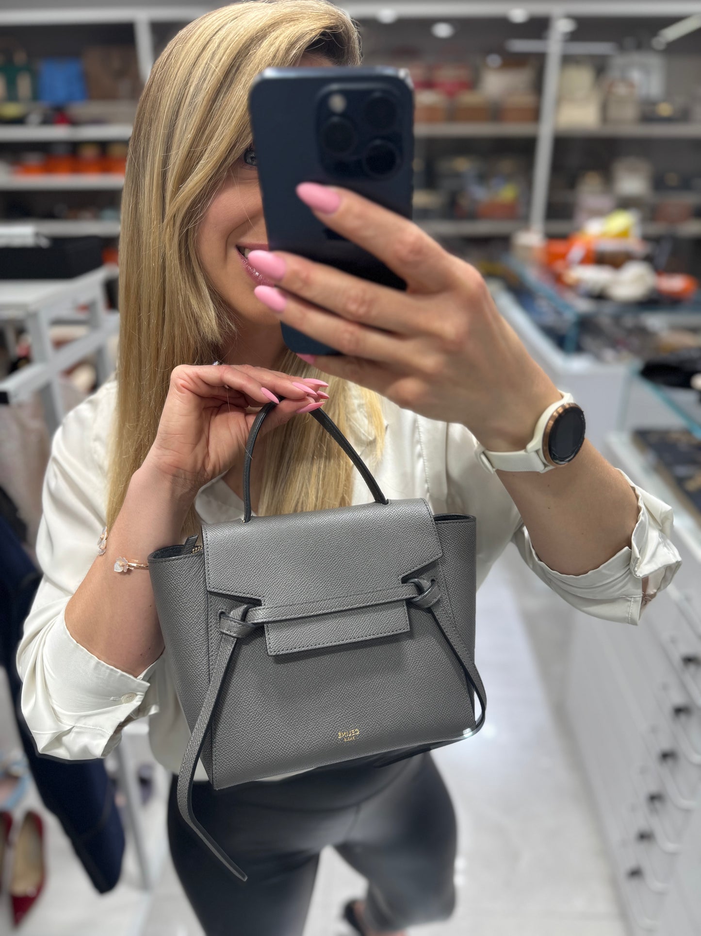 Pre-owned Certified Celine Nano Belt Grey Grained Calfskin, w/ dust bag