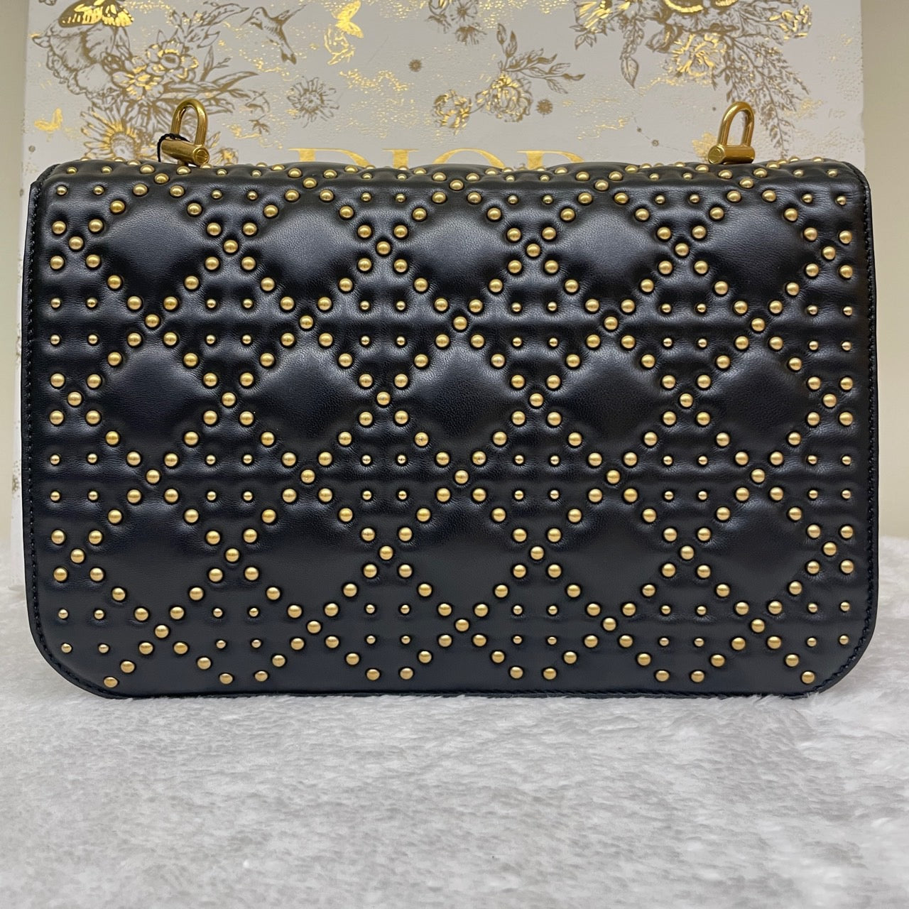 Pre-owned Certified Dior Dioraddict Black Lambskin Golden Studded, with Dior card, dust bag