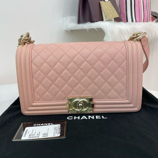 Pre-owned Certified Chanel Le Boy Medium Sakura Pink Caviar Leather with Golden Hardware, 2020, Full set - Chanel Card, Box, Dust Bag