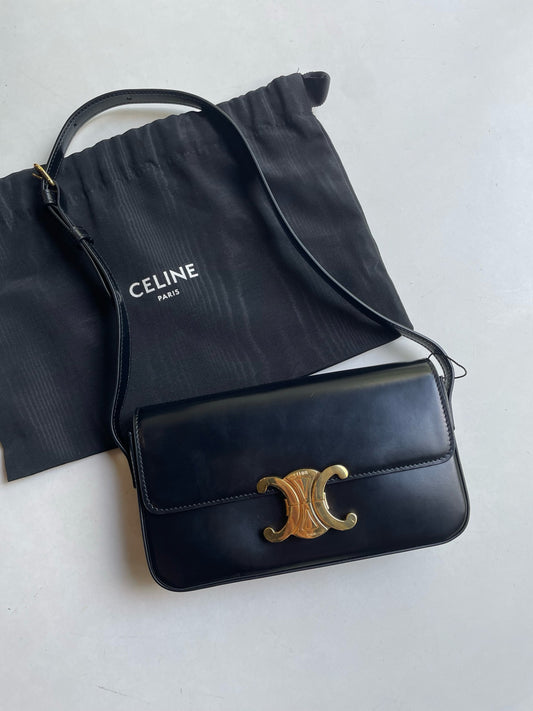 Pre-owned Certified Celine Triomphe Shoulder Black Calfskin with Golden Hardware, w/ dust bag