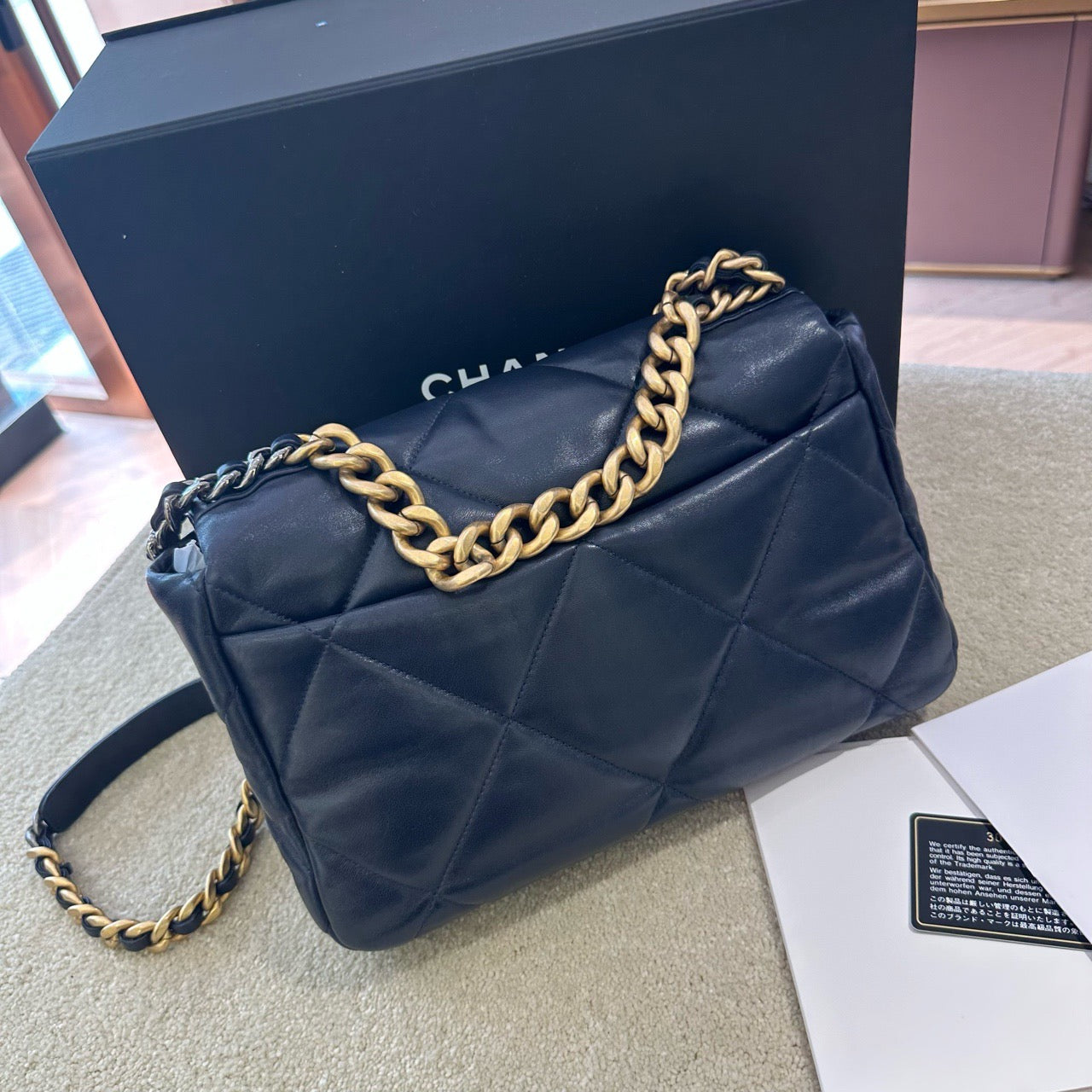 Pre-owned Certified Chanel 19Bag Medium Dark Navy Blue Lambskin Golden Hardware, 2020-2021, w/ Full Set - Chanel Card, Dust Bag, Box