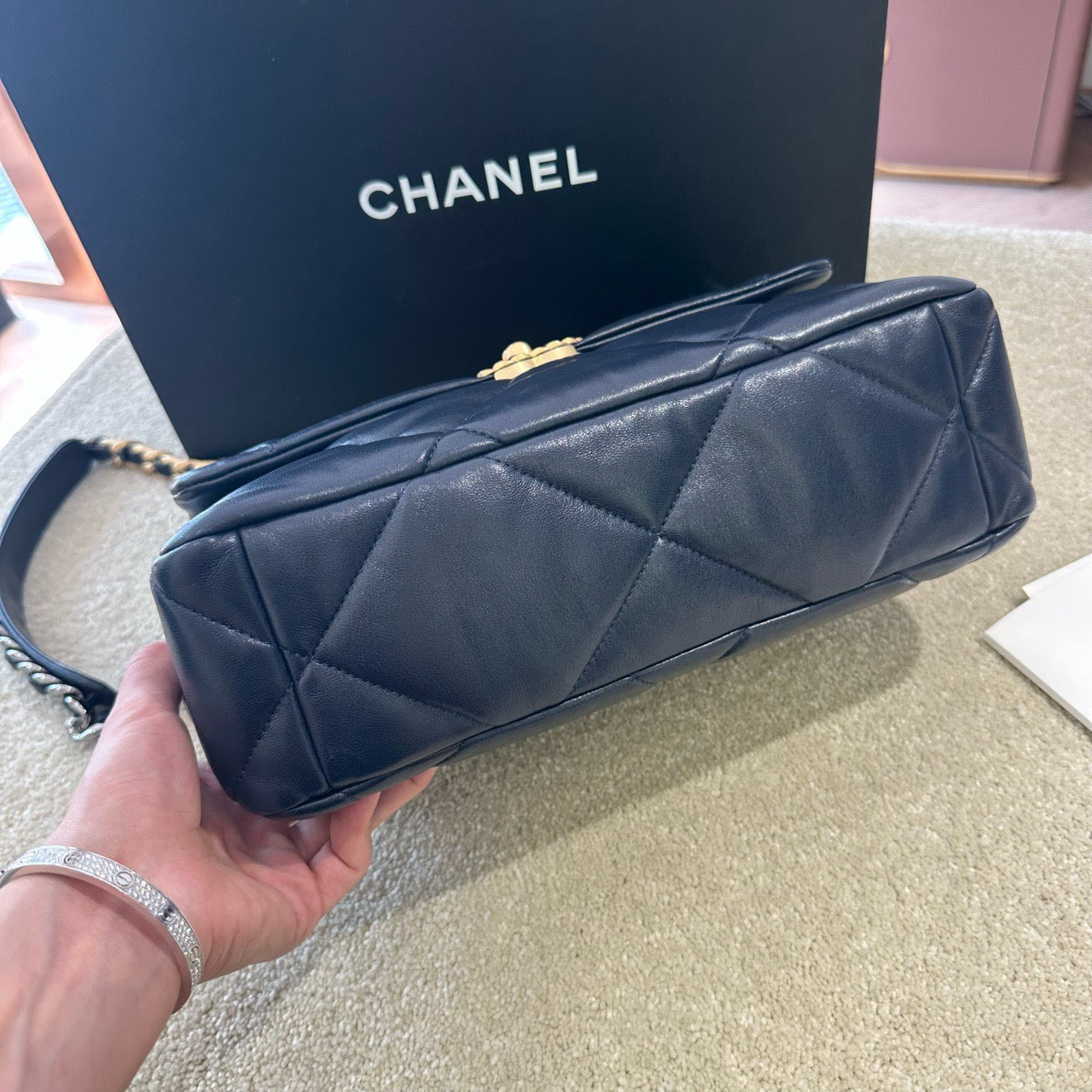 Pre-owned Certified Chanel 19Bag Medium Dark Navy Blue Lambskin Golden Hardware, 2020-2021, w/ Full Set - Chanel Card, Dust Bag, Box