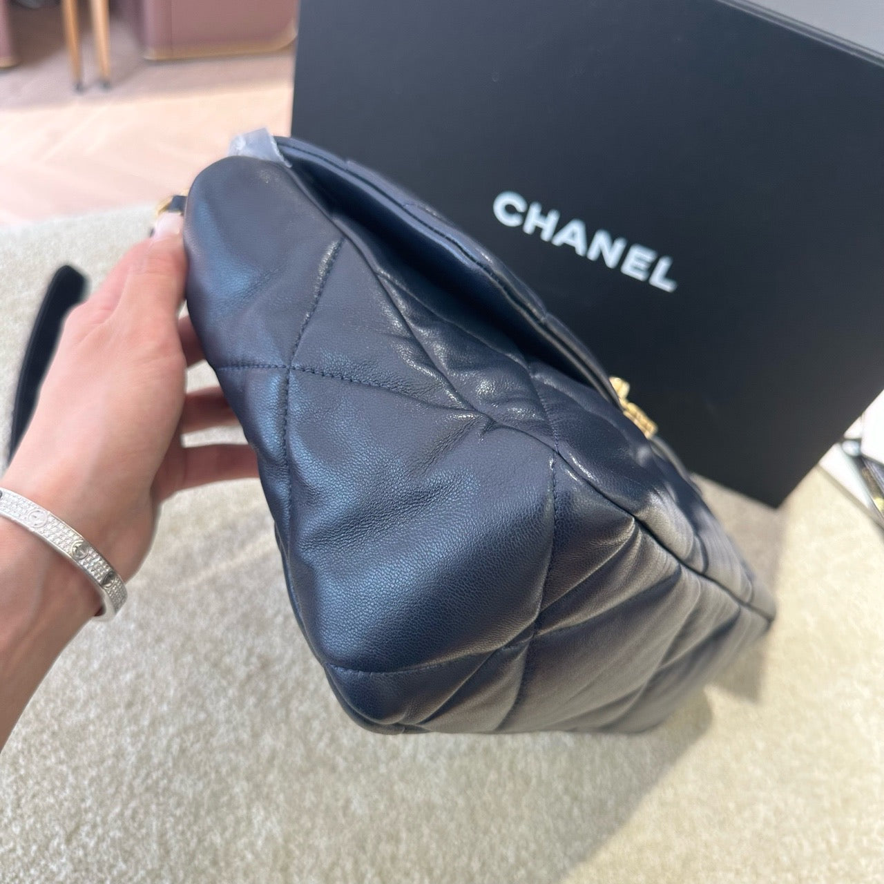 Pre-owned Certified Chanel 19Bag Medium Dark Navy Blue Lambskin Golden Hardware, 2020-2021, w/ Full Set - Chanel Card, Dust Bag, Box