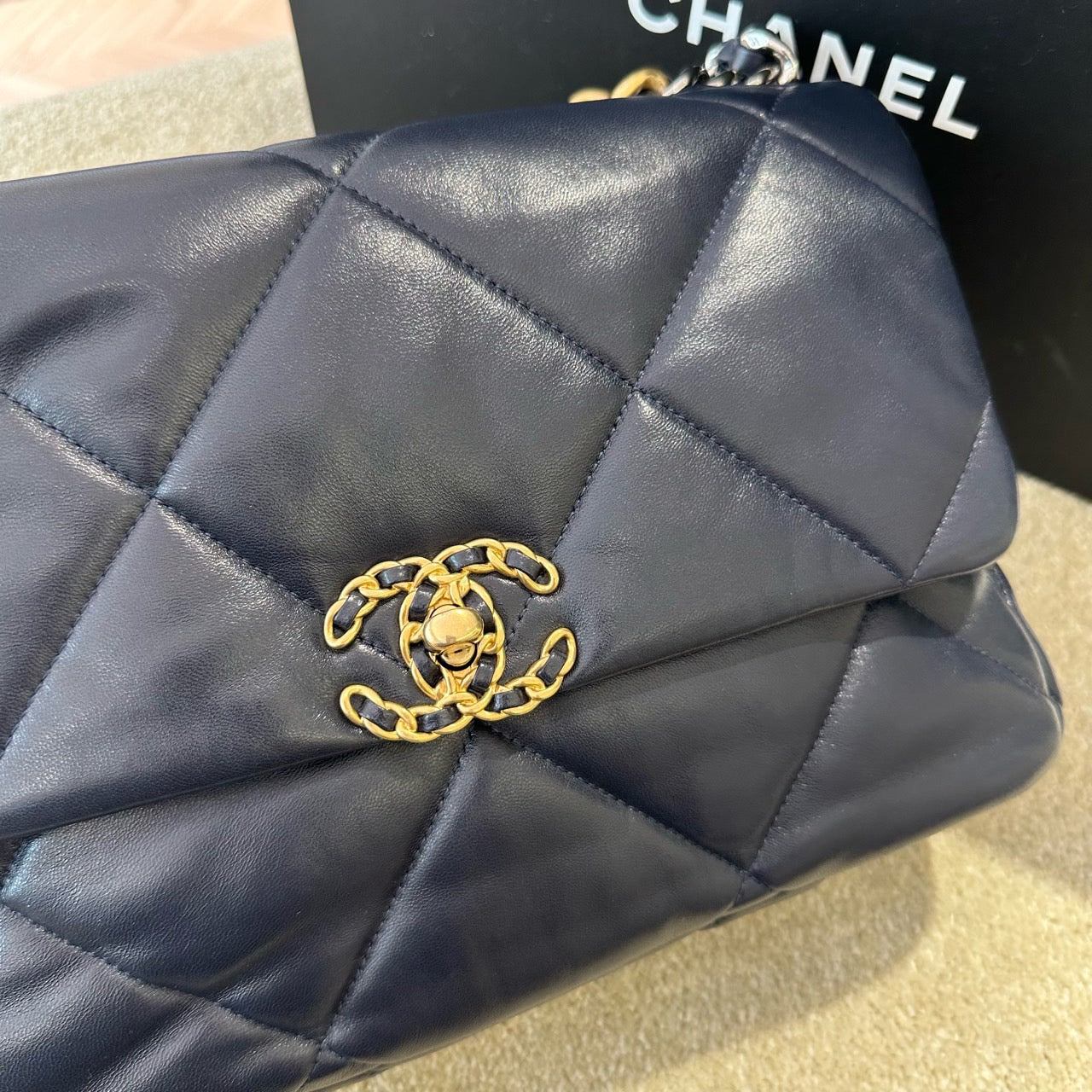 Pre-owned Certified Chanel 19Bag Medium Dark Navy Blue Lambskin Golden Hardware, 2020-2021, w/ Full Set - Chanel Card, Dust Bag, Box