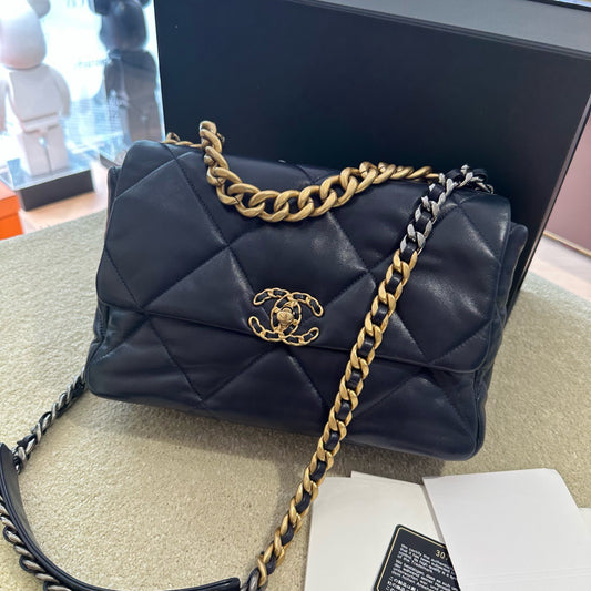 Pre-owned Certified Chanel 19Bag Medium Dark Navy Blue Lambskin Golden Hardware, 2020-2021, w/ Full Set - Chanel Card, Dust Bag, Box