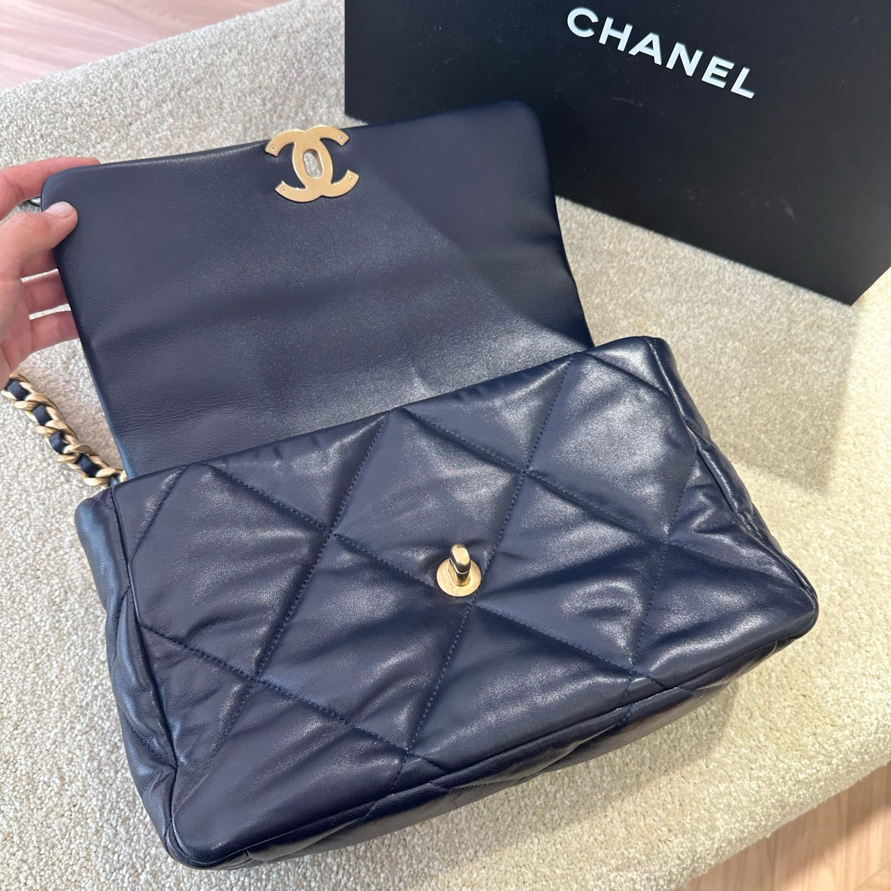 Pre-owned Certified Chanel 19Bag Medium Dark Navy Blue Lambskin Golden Hardware, 2020-2021, w/ Full Set - Chanel Card, Dust Bag, Box