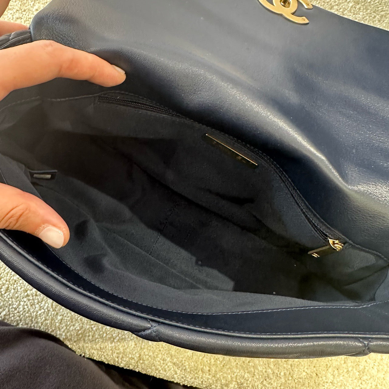 Pre-owned Certified Chanel 19Bag Medium Dark Navy Blue Lambskin Golden Hardware, 2020-2021, w/ Full Set - Chanel Card, Dust Bag, Box