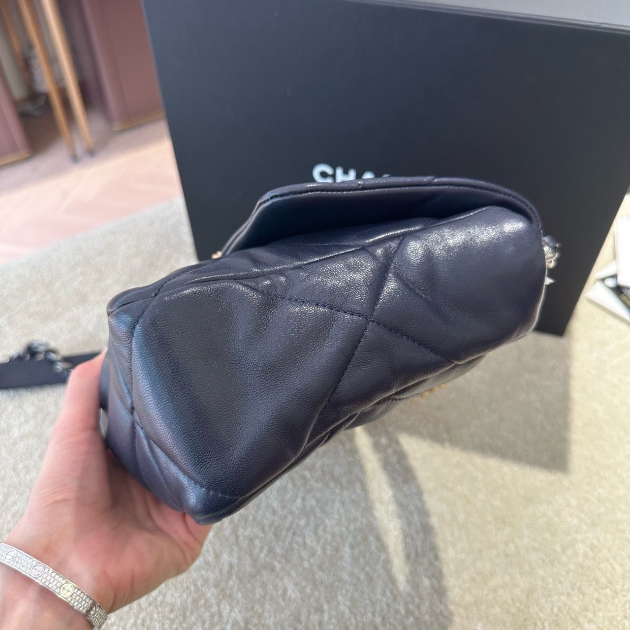 Pre-owned Certified Chanel 19Bag Medium Dark Navy Blue Lambskin Golden Hardware, 2020-2021, w/ Full Set - Chanel Card, Dust Bag, Box