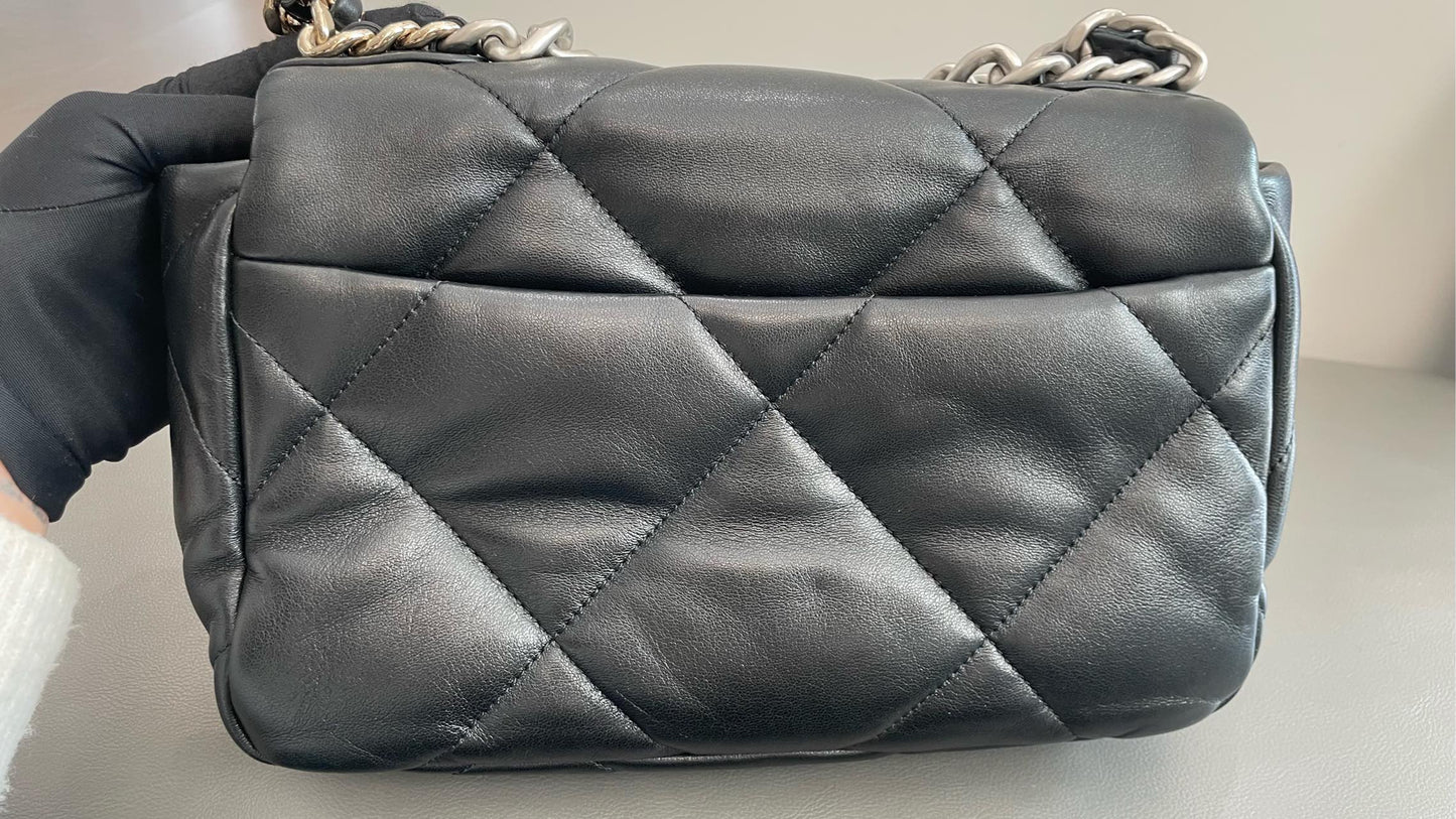 Pre-owned Certified Chanel 19Bag Small Black Lambskin Silver Hardware, 2022 microchipped, w/ full set
