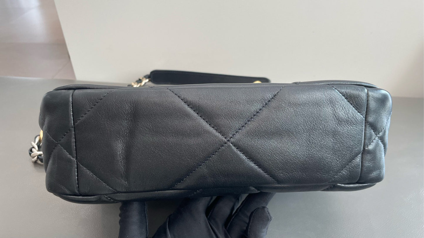 Pre-owned Certified Chanel 19Bag Small Black Lambskin Silver Hardware, 2022 microchipped, w/ full set