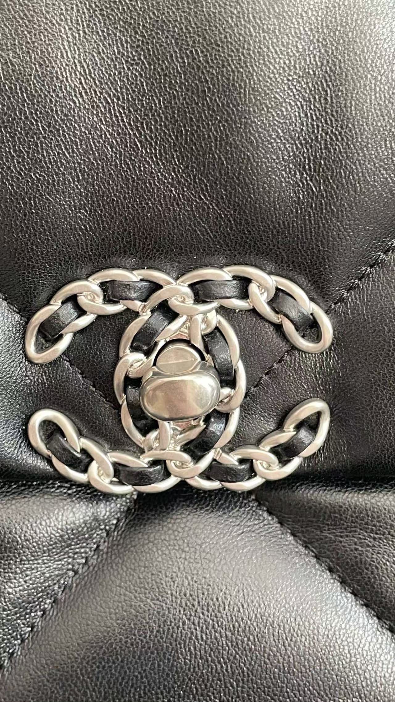 Pre-owned Certified Chanel 19Bag Small Black Lambskin Silver Hardware, 2022 microchipped, w/ full set