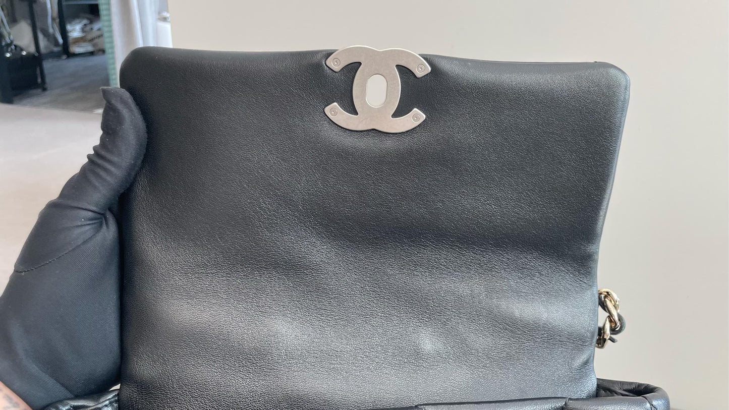 Pre-owned Certified Chanel 19Bag Small Black Lambskin Silver Hardware, 2022 microchipped, w/ full set