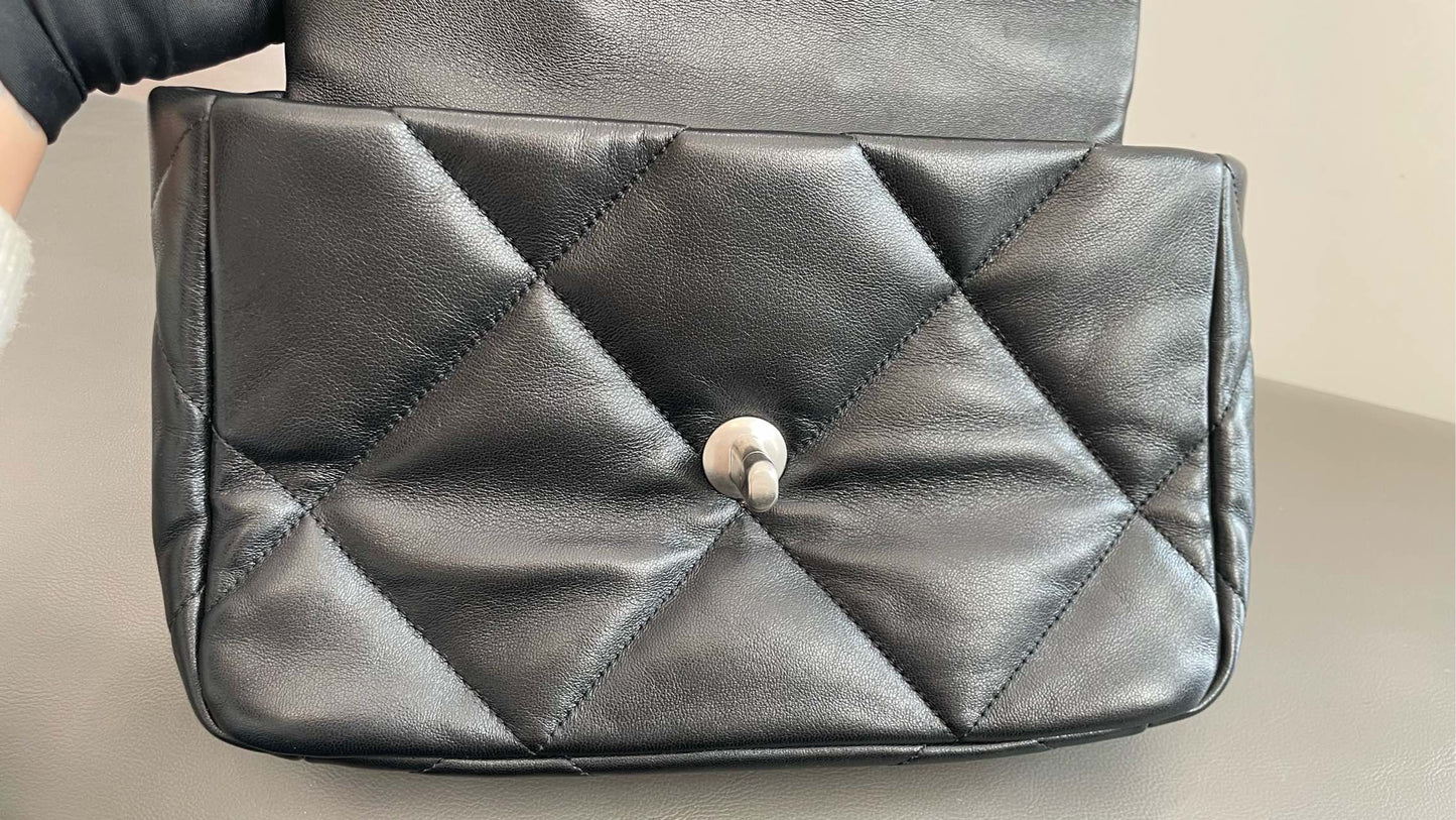 Pre-owned Certified Chanel 19Bag Small Black Lambskin Silver Hardware, 2022 microchipped, w/ full set