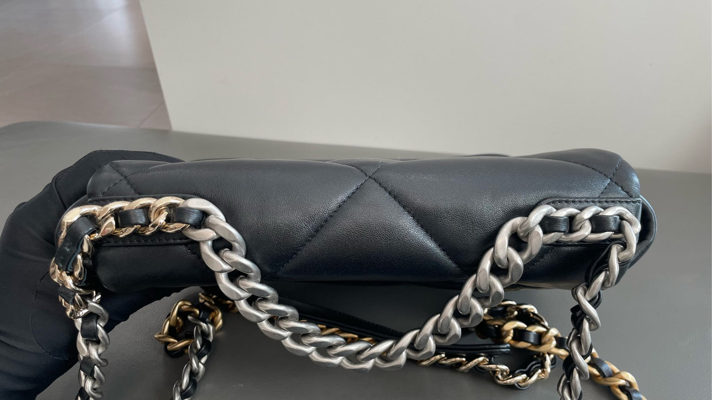 Pre-owned Certified Chanel 19Bag Small Black Lambskin Silver Hardware, 2022 microchipped, w/ full set