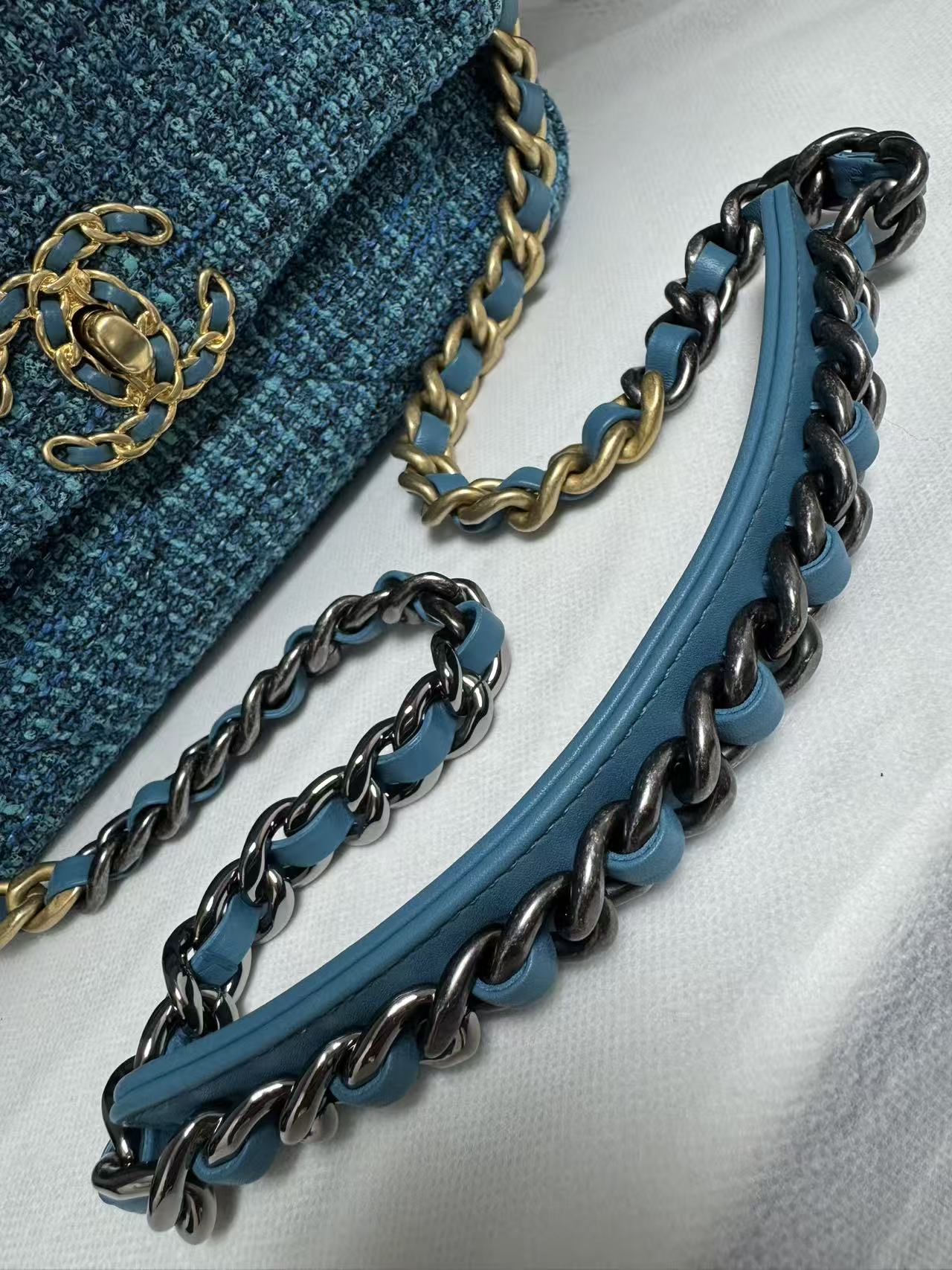 Pre-owned Certified Chanel 19Bag Small Light Blue Tweed with Golden Hardware, 2022 Microchipped, w/ full set