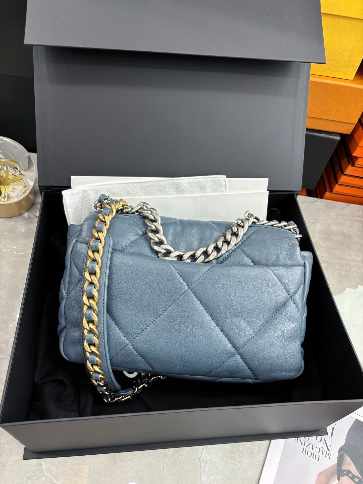 Pre-owned Certified Chanel 19Bag Small Sky Blue Lambskin Silver Hardware, 2023 microchipped, w/ full set
