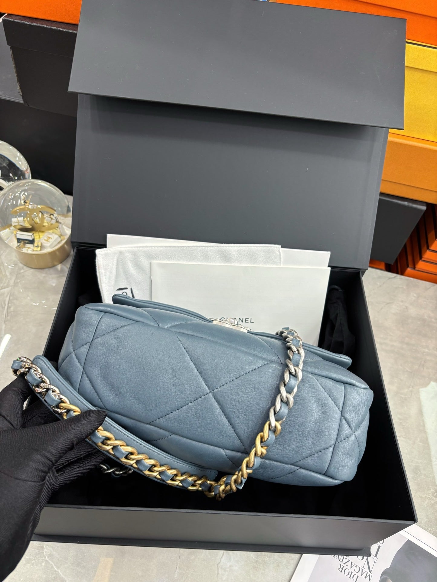 Pre-owned Certified Chanel 19Bag Small Sky Blue Lambskin Silver Hardware, 2023 microchipped, w/ full set