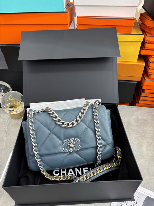 Pre-owned Certified Chanel 19Bag Small Sky Blue Lambskin Silver Hardware, 2023 microchipped, w/ full set