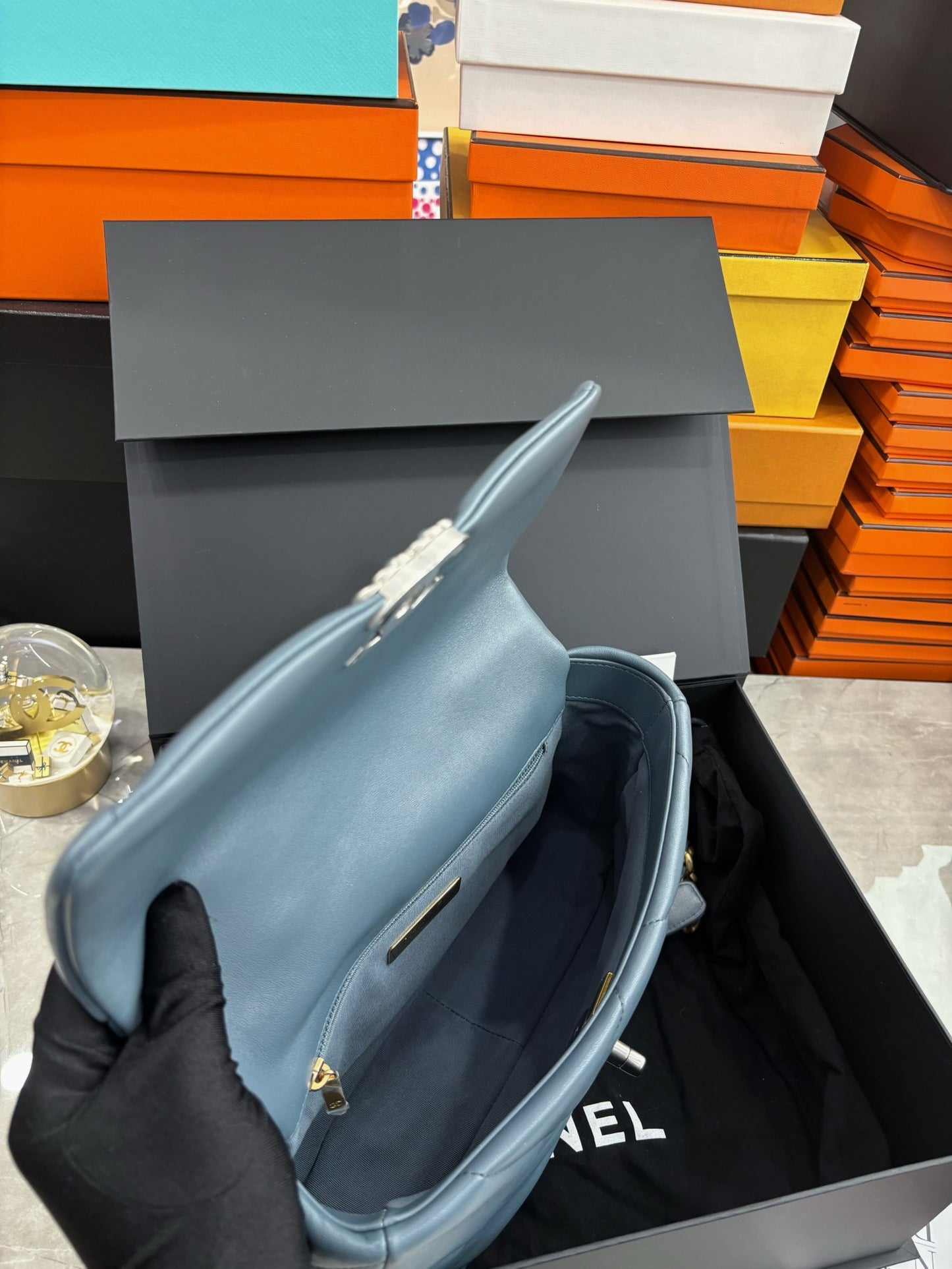 Pre-owned Certified Chanel 19Bag Small Sky Blue Lambskin Silver Hardware, 2023 microchipped, w/ full set