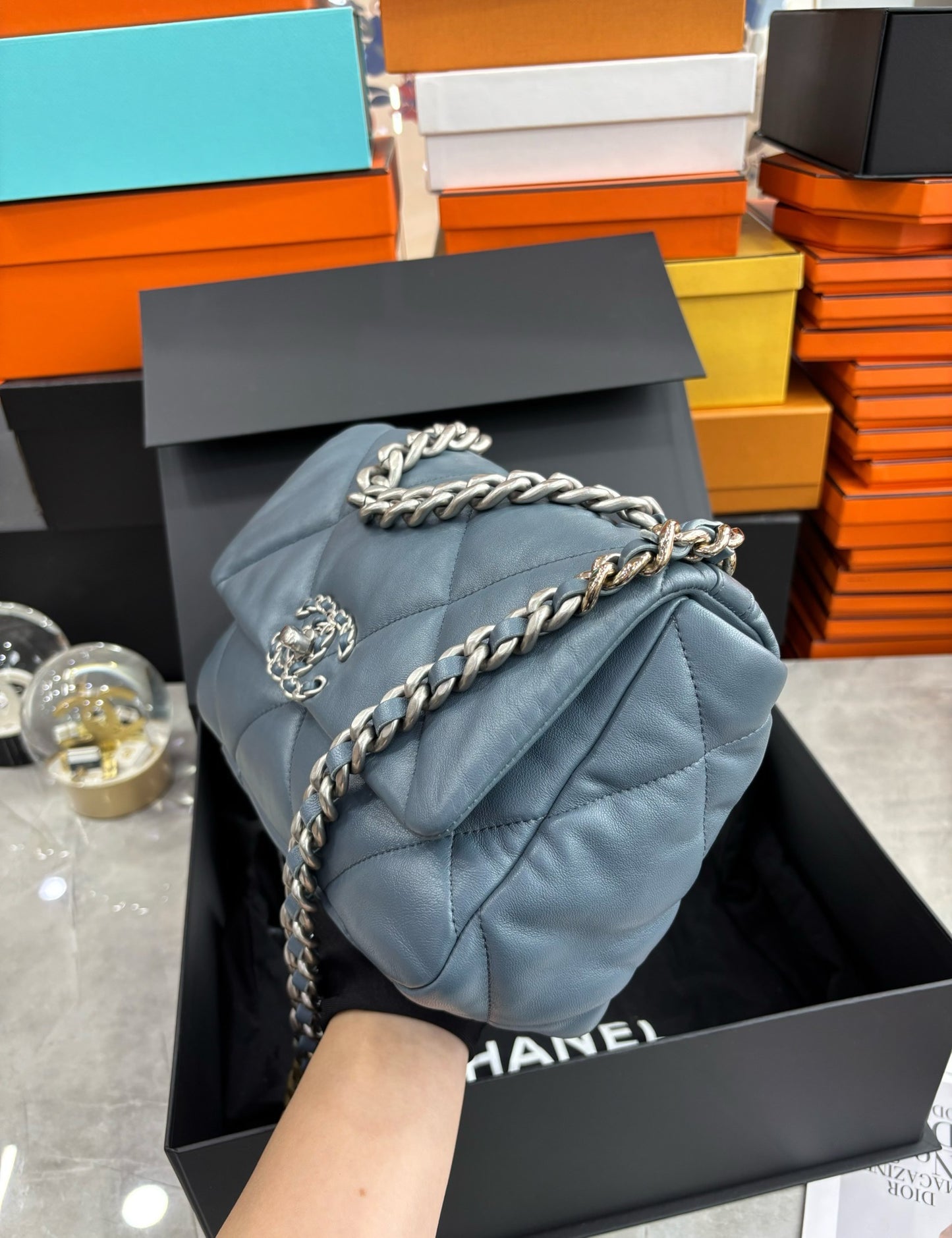 Pre-owned Certified Chanel 19Bag Small Sky Blue Lambskin Silver Hardware, 2023 microchipped, w/ full set