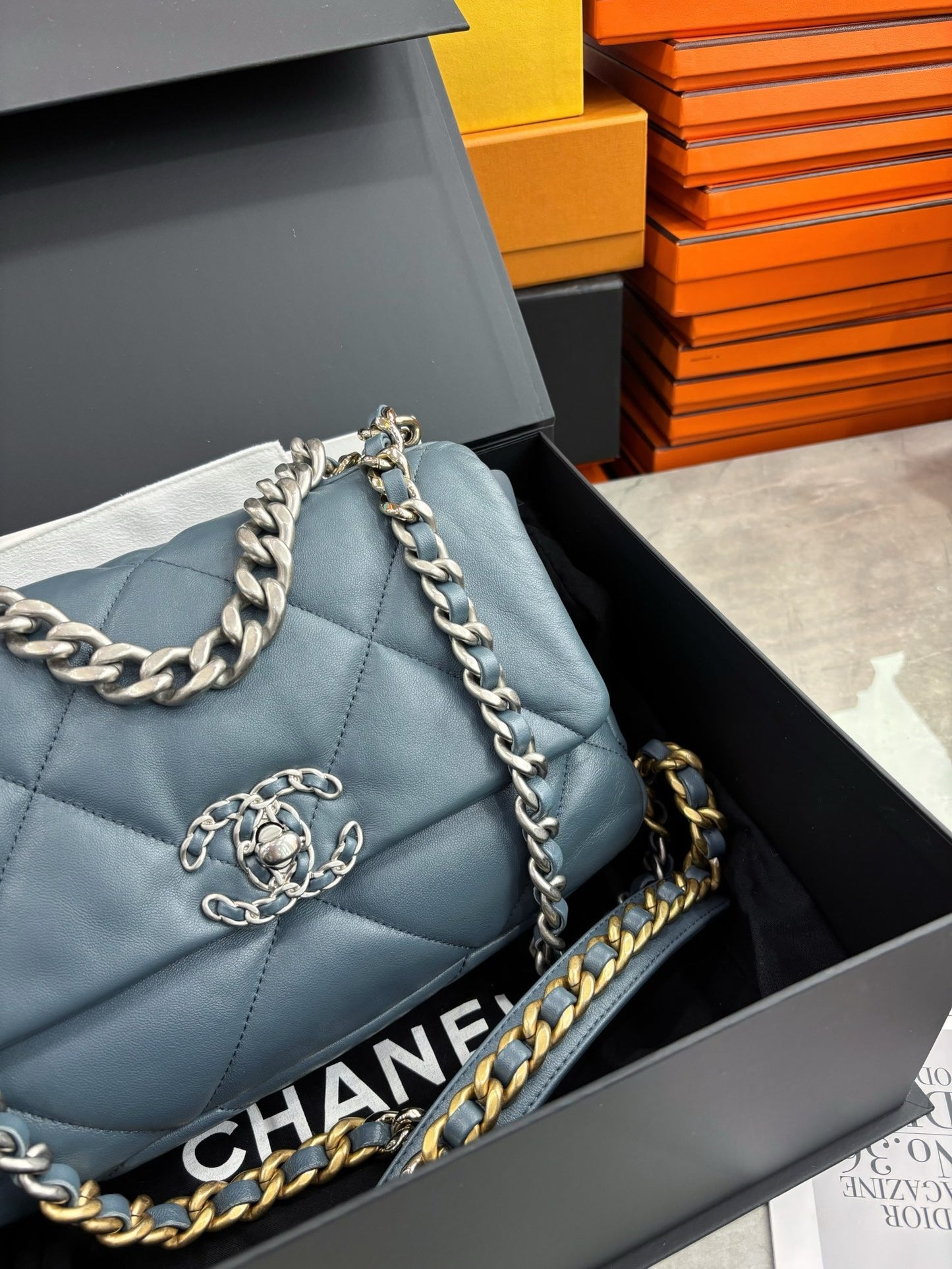 Pre-owned Certified Chanel 19Bag Small Sky Blue Lambskin Silver Hardware, 2023 microchipped, w/ full set