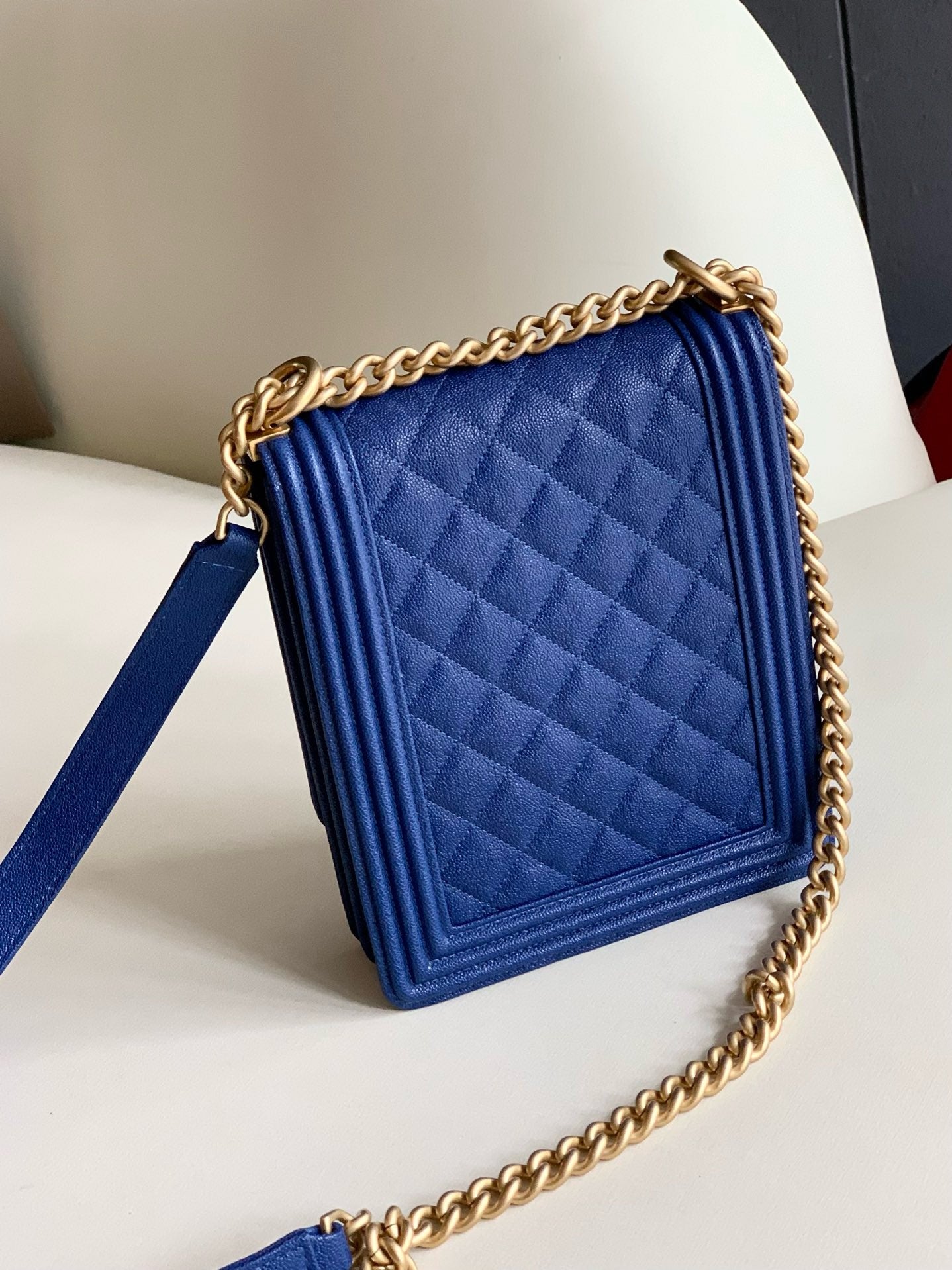 Pre-owned Certified Chanel Boy Bag North South Vertical Blue Caviar Leather Golden Hardware, 2018-2019, w/ Full set - Chanel Box, Dust Bag, Card