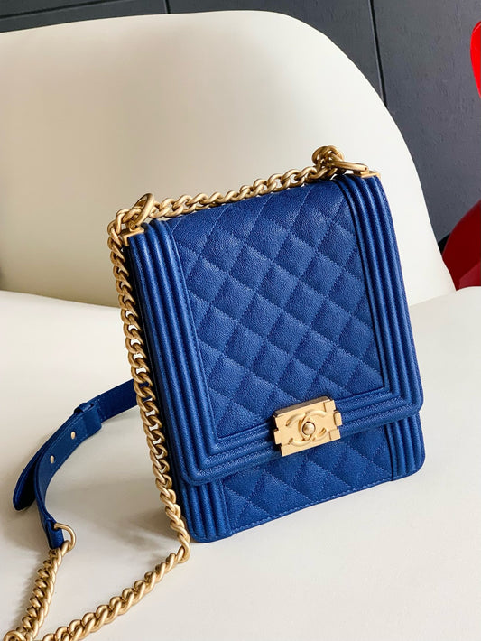 Pre-owned Certified Chanel Boy Bag North South Vertical Blue Caviar Leather Golden Hardware, 2018-2019, w/ Full set - Chanel Box, Dust Bag, Card