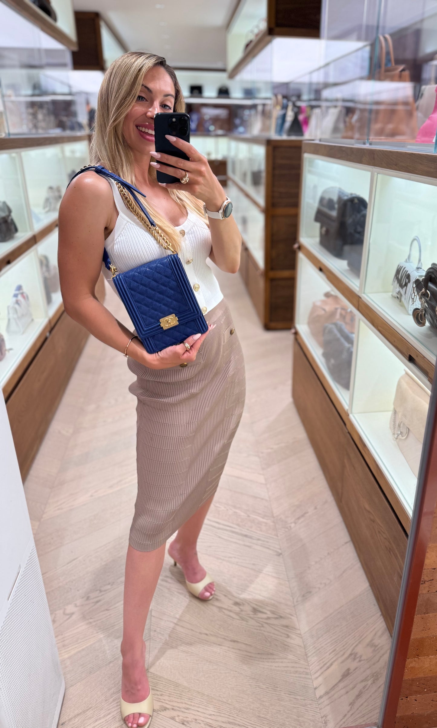 Pre-owned Certified Chanel Boy Bag North South Vertical Blue Caviar Leather Golden Hardware, 2018-2019, w/ Full set - Chanel Box, Dust Bag, Card