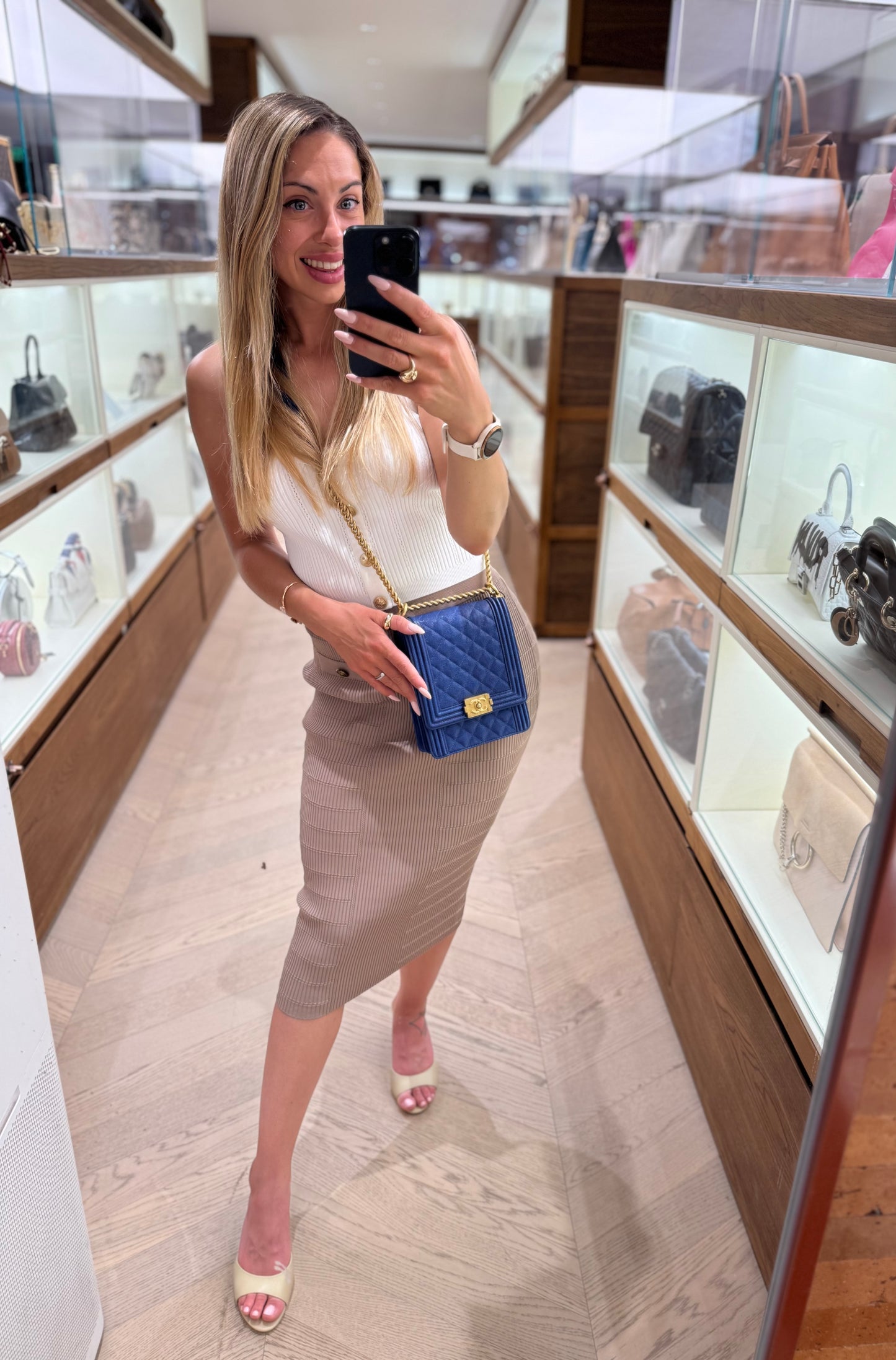 Pre-owned Certified Chanel Boy Bag North South Vertical Blue Caviar Leather Golden Hardware, 2018-2019, w/ Full set - Chanel Box, Dust Bag, Card