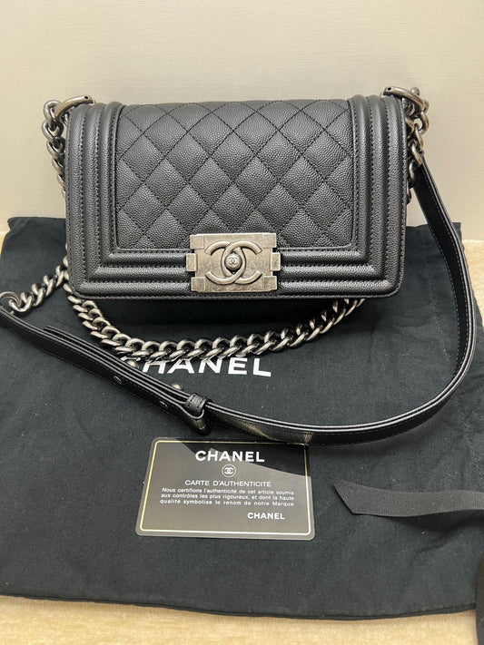 Pre-owned Certified Chanel Boy Bag Small Black Caviar Leather Dark Silver Hardware, 2020-2021, w/ full set - box, dust bag, Authenticity Card