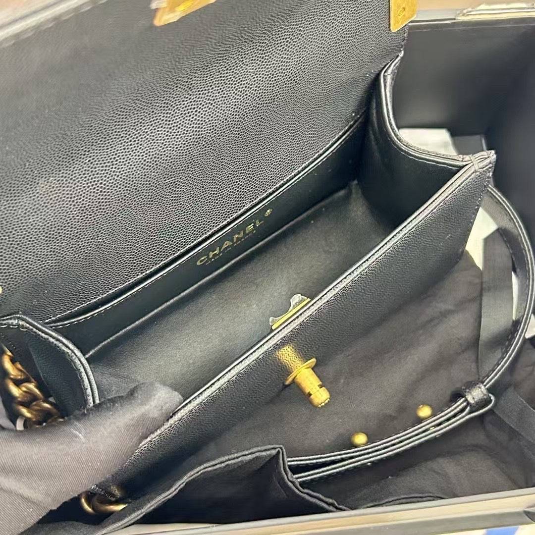 Pre-owned Certified Chanel Boy Bag Top Handle Small in Black Caviar Leather Golden Hardware, 2023, Microchipped, with Full Set