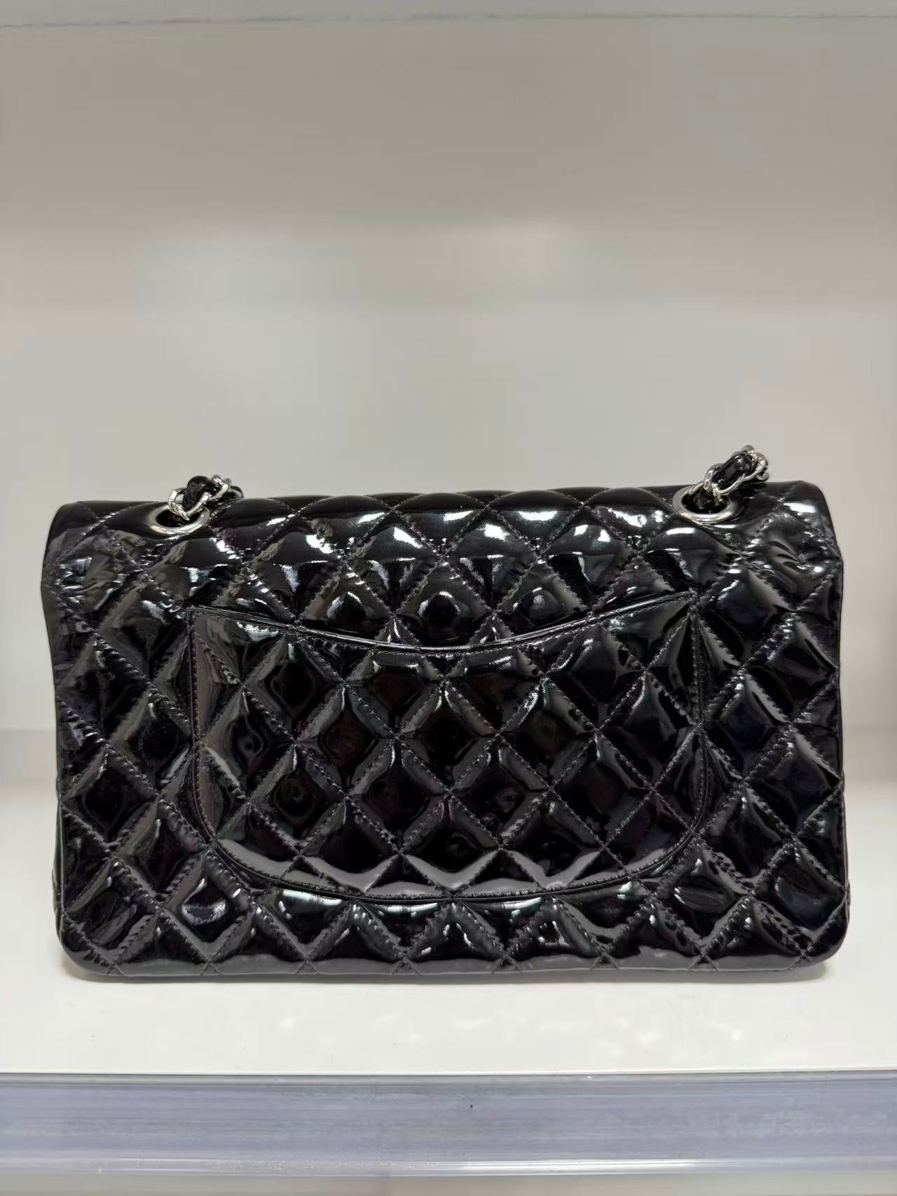 Pre-owned Certified Chanel CF Double Flap Medium Black Patent Leather with Silver Hardware, 2012, w/ dust bag